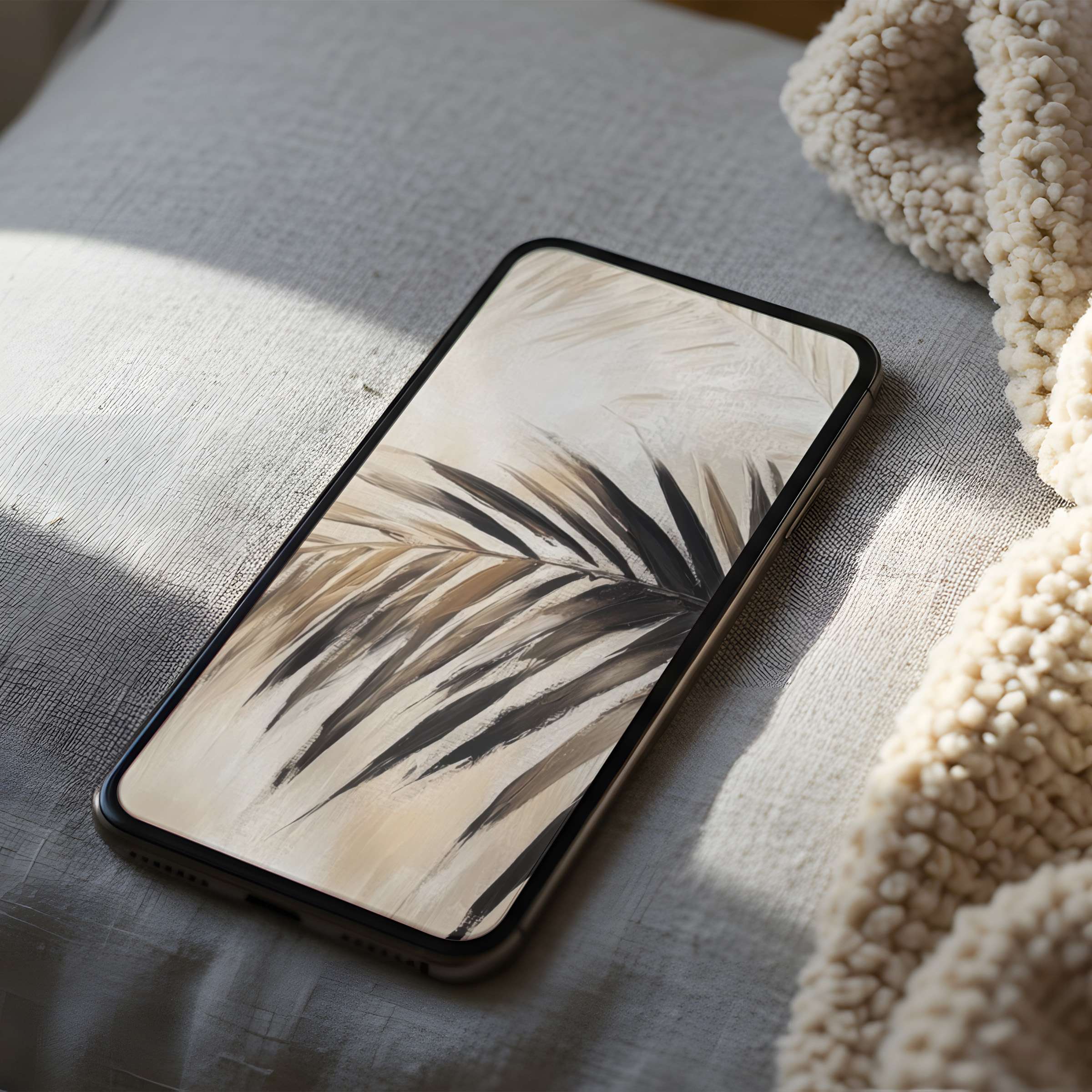 Elegant phone wallpaper featuring abstract palm leaves in soothing neutral tones perfect for iPhone and android high resolution download