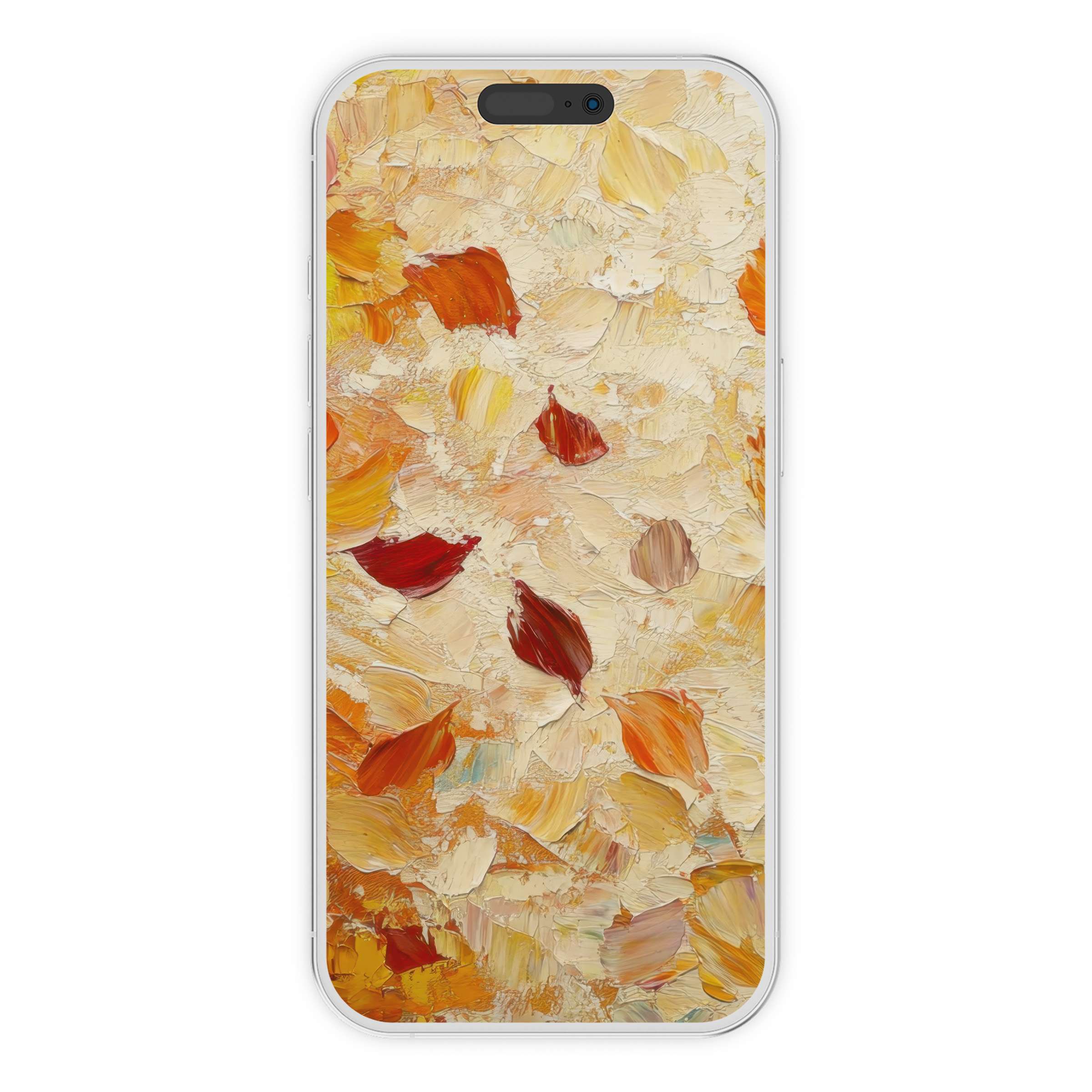Elegant botanical iPhone wallpaper features textured autumn leaves in warm hues, perfect phone background for digital download and calm aesthetics