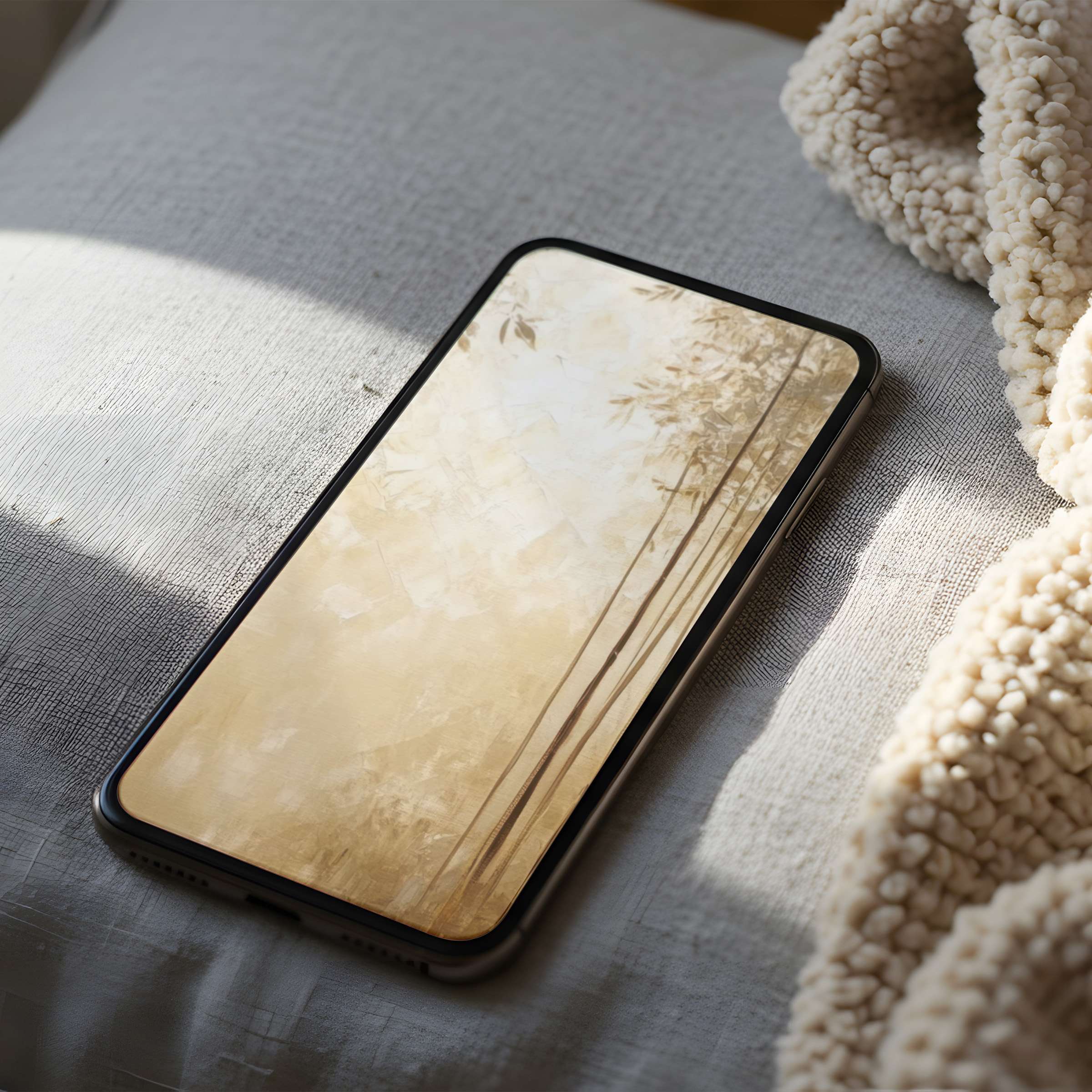 Elegant phone wallpaper featuring serene bamboo motif in soft earth tones perfect for high-resolution iPhone and Android digital download