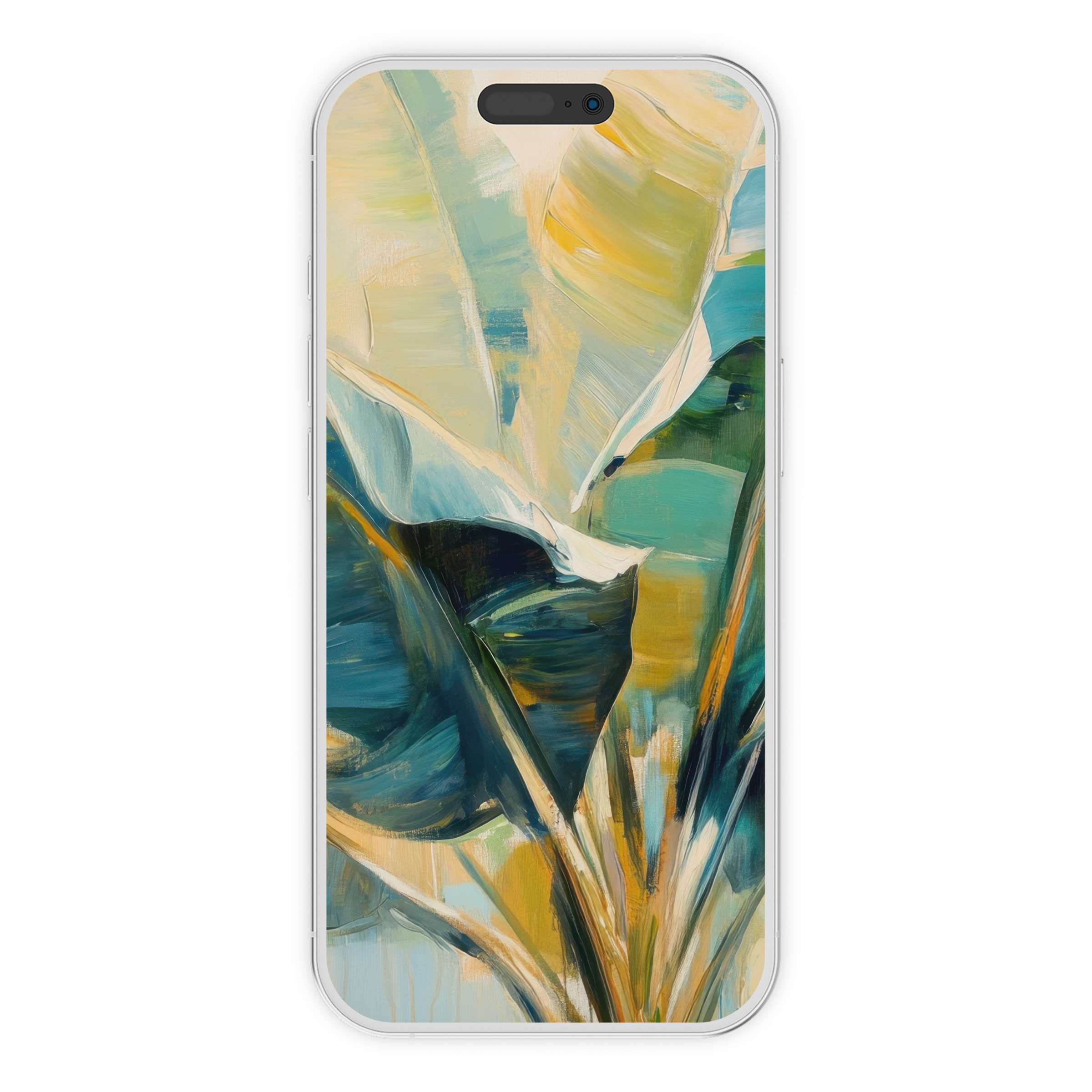 Elegant botanical iPhone wallpaper featuring vibrant green leaves in an abstract artistic style digital download for phone background