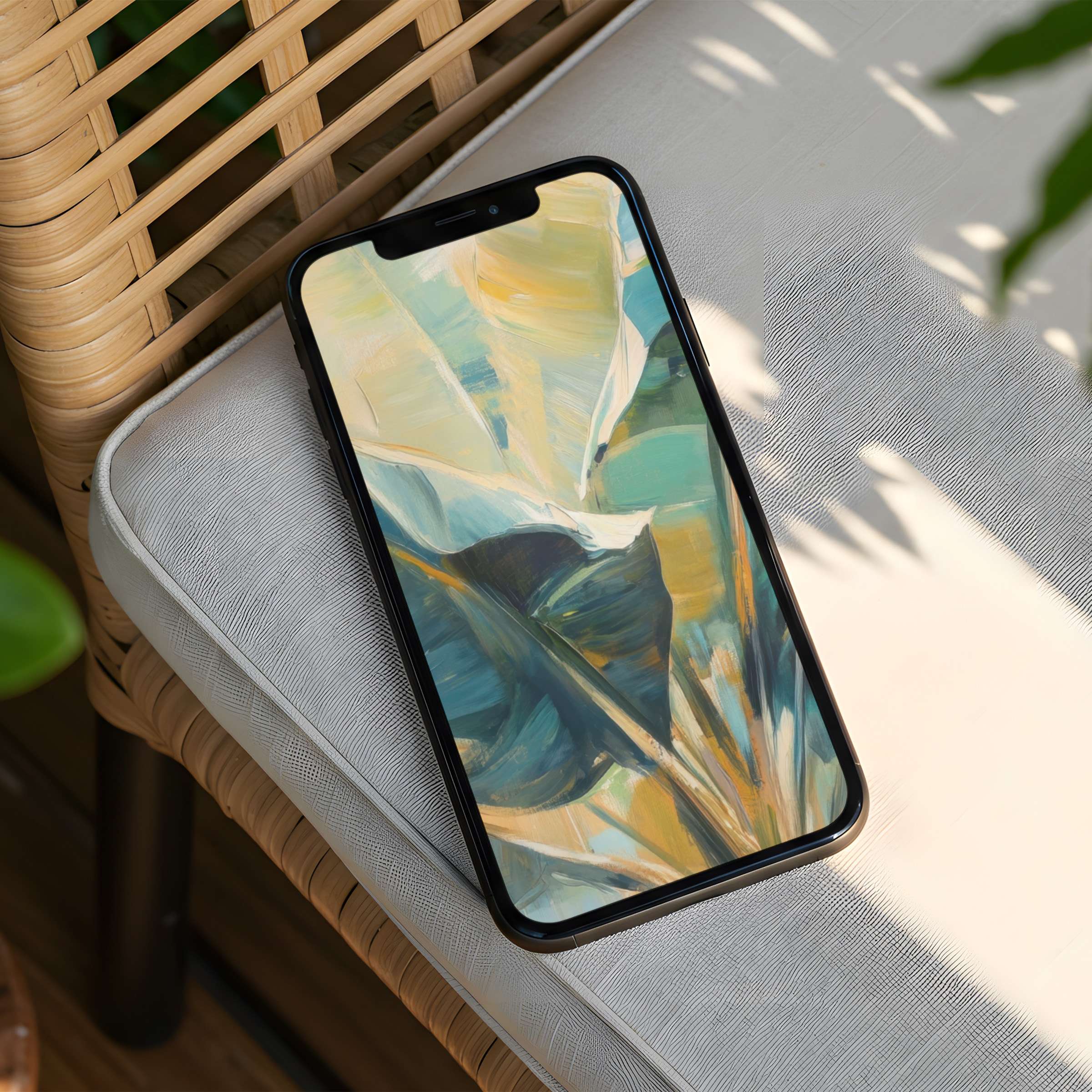 Serene floral-inspired iPhone background in soothing teal and gold hues ideal for phone screens offering instant download tranquility