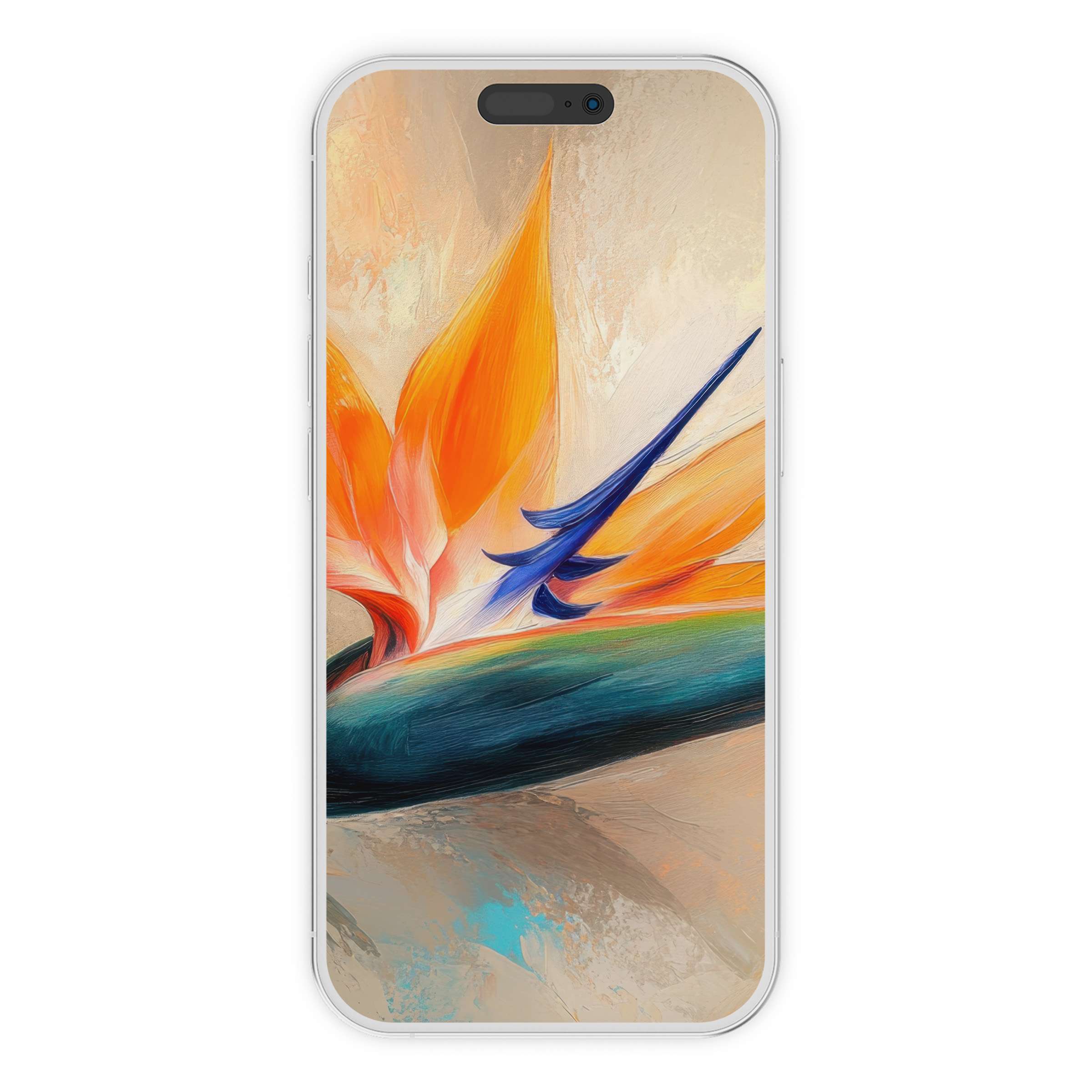 Vibrant botanical iPhone wallpaper featuring a digital download of elegant bird-of-paradise art phone background, enhancing calm