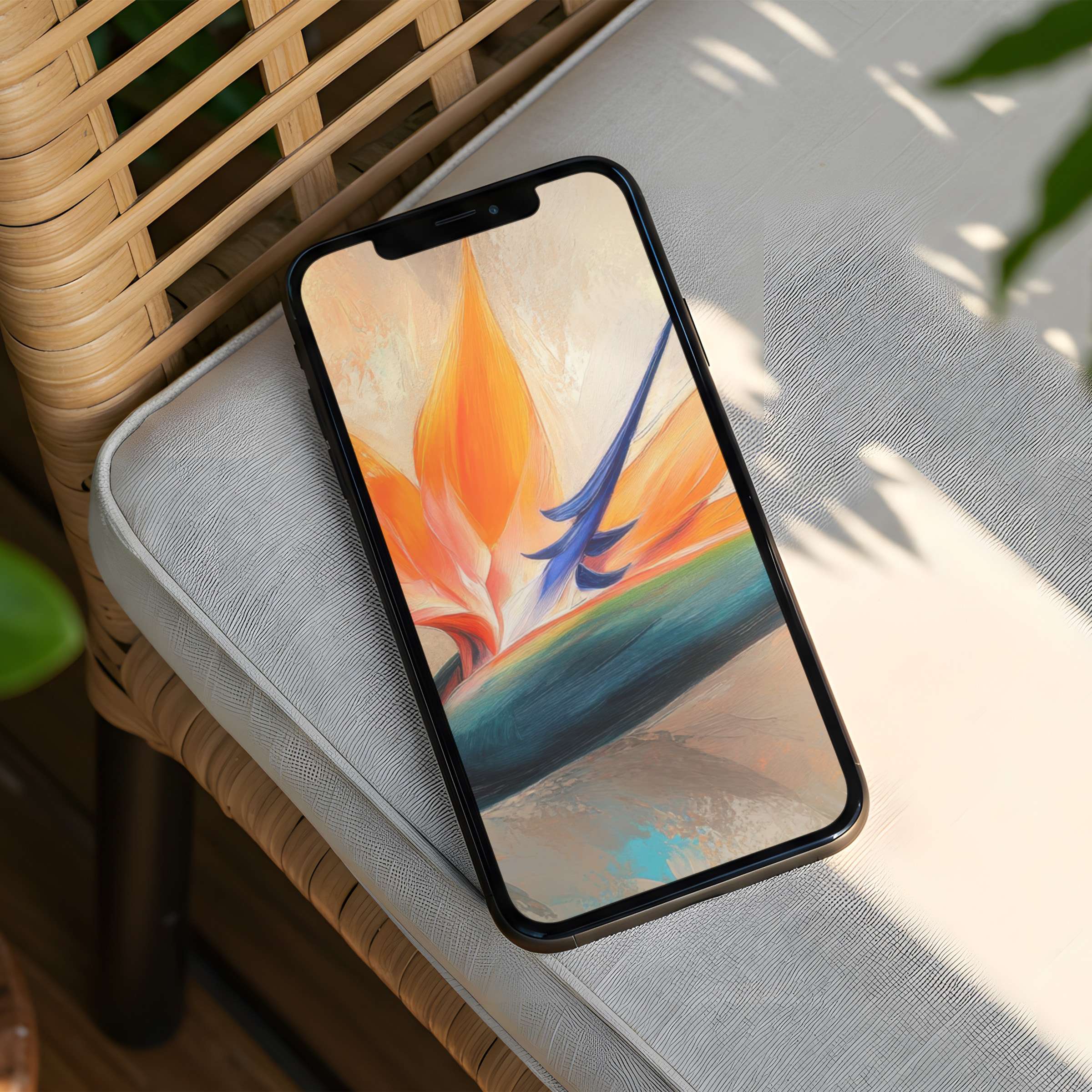 Elegant abstract art with warm orange and blue hues creates a calming iPhone background for instant download on any phone