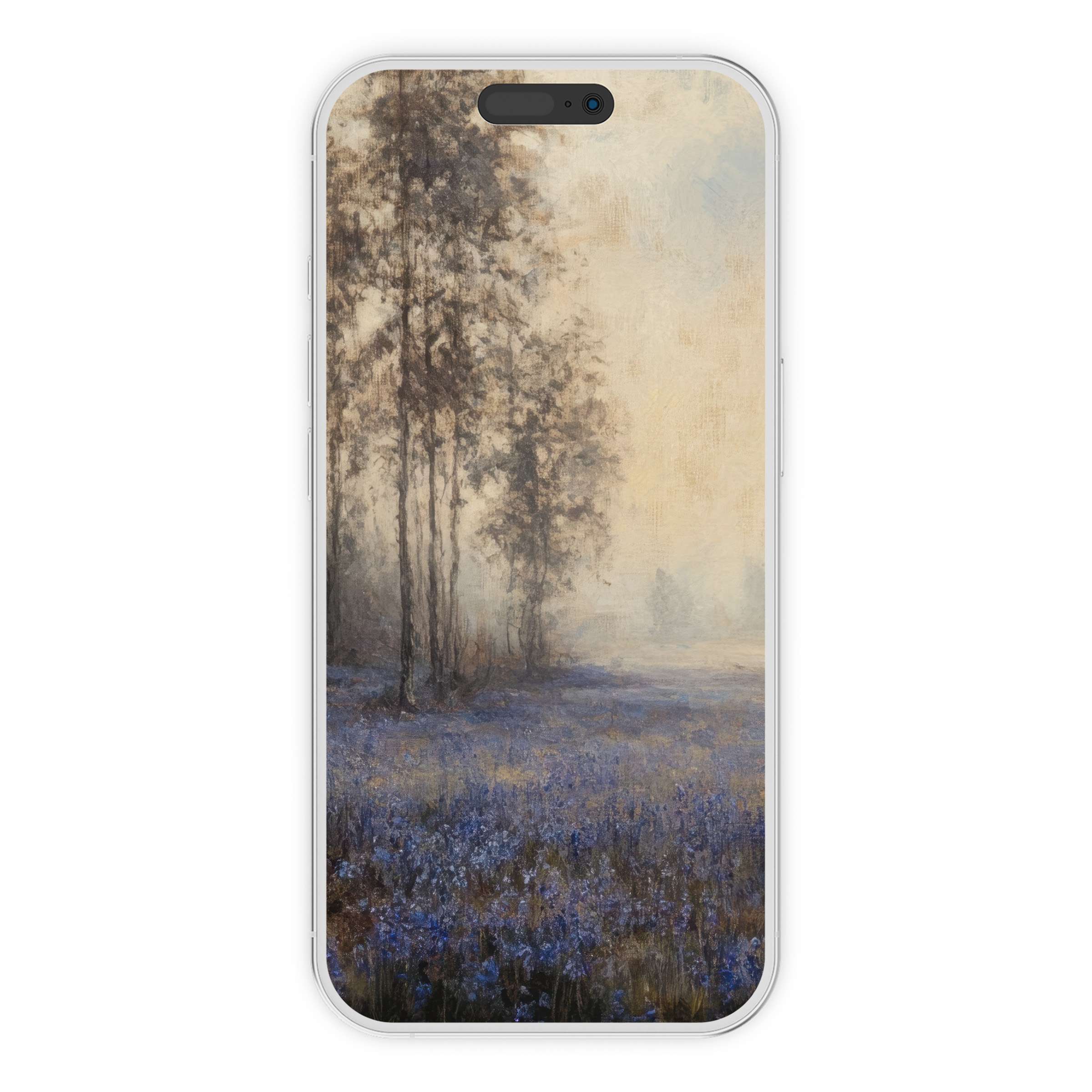Serene misty forest botanical iPhone wallpaper digital download offers calming phone background with elegant lavender hues for iPhone and Android