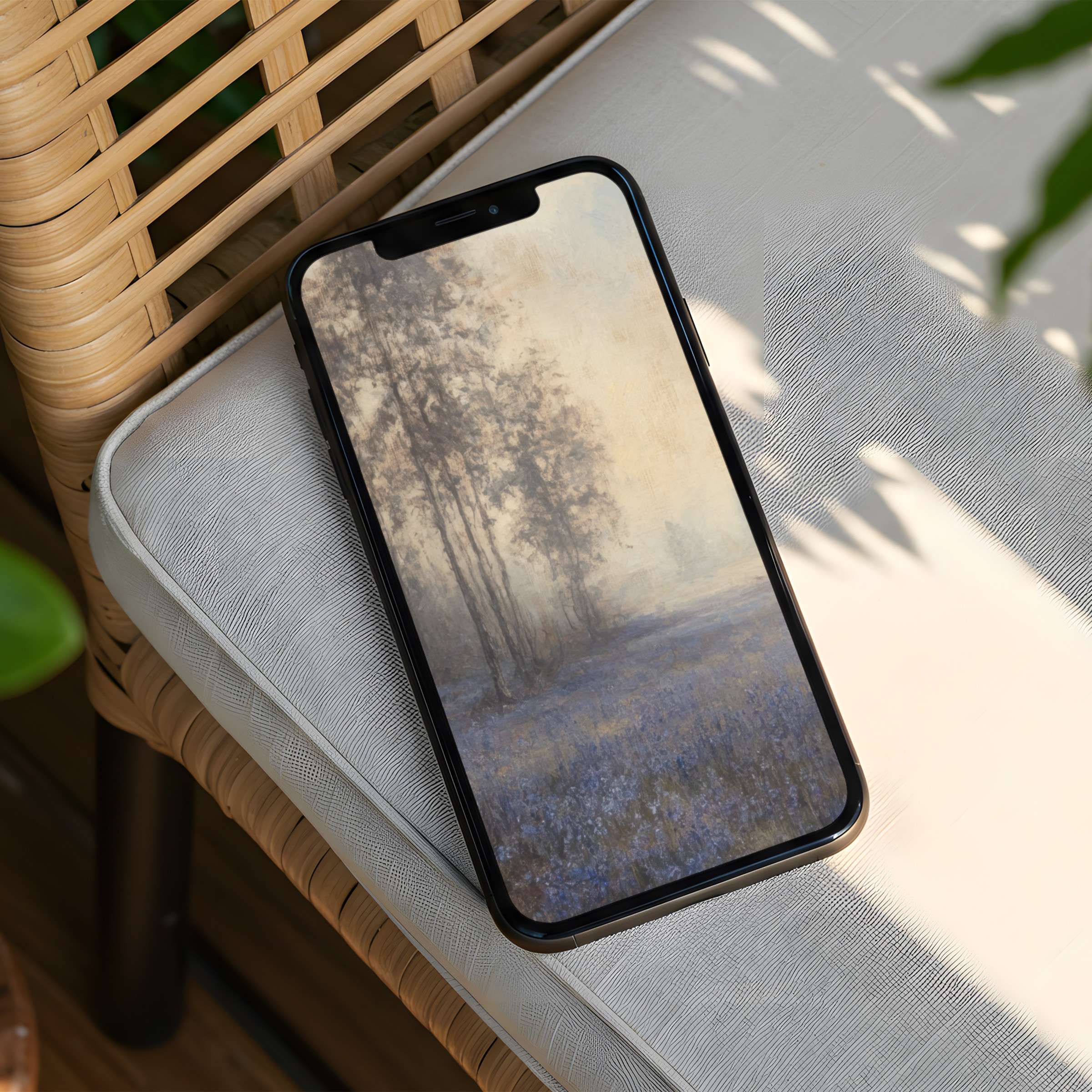 Serene iPhone background featuring misty trees and lavender fields, perfect for instant download to inspire calm on your phone