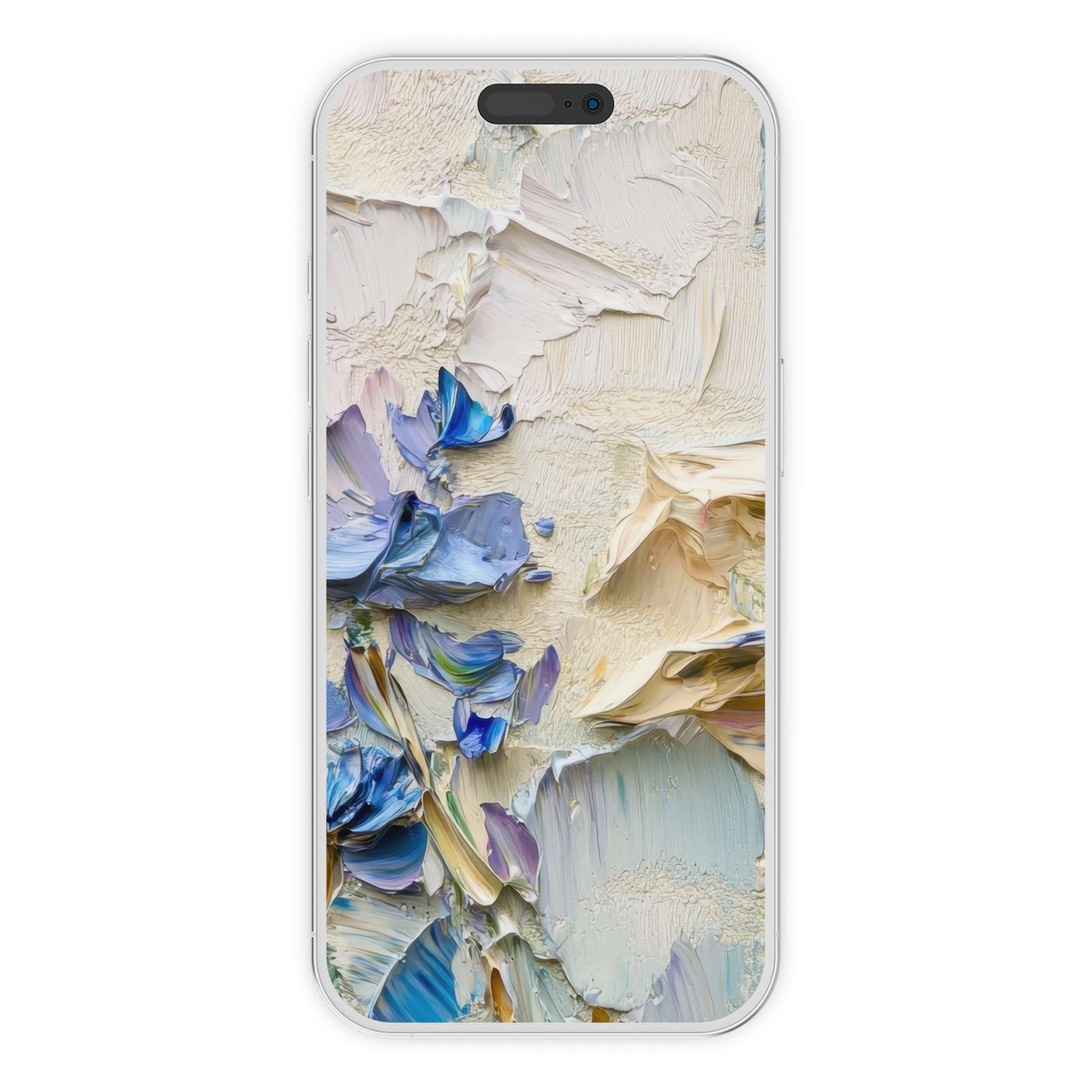 Elegant botanical iPhone wallpaper with creamy textures and soothing blue hues, perfect digital download for phone background calmness