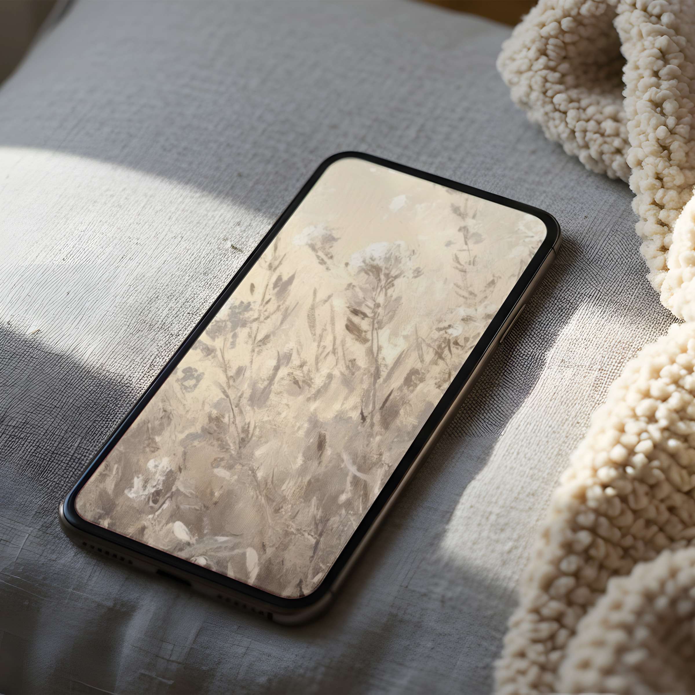 Elegant floral phone wallpaper in soft beige tones offers a serene high resolution design perfect for iPhone and Android digital download