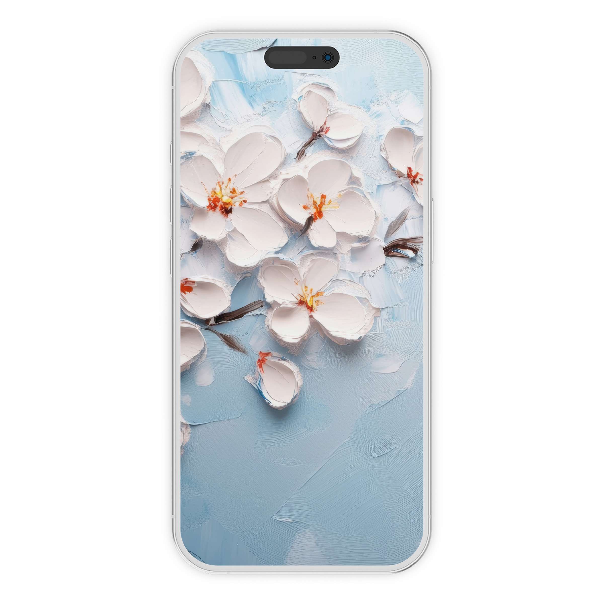Elegant botanical iPhone wallpaper features painted white blossoms on a soft blue phone background, perfect digital download for calm aesthetics