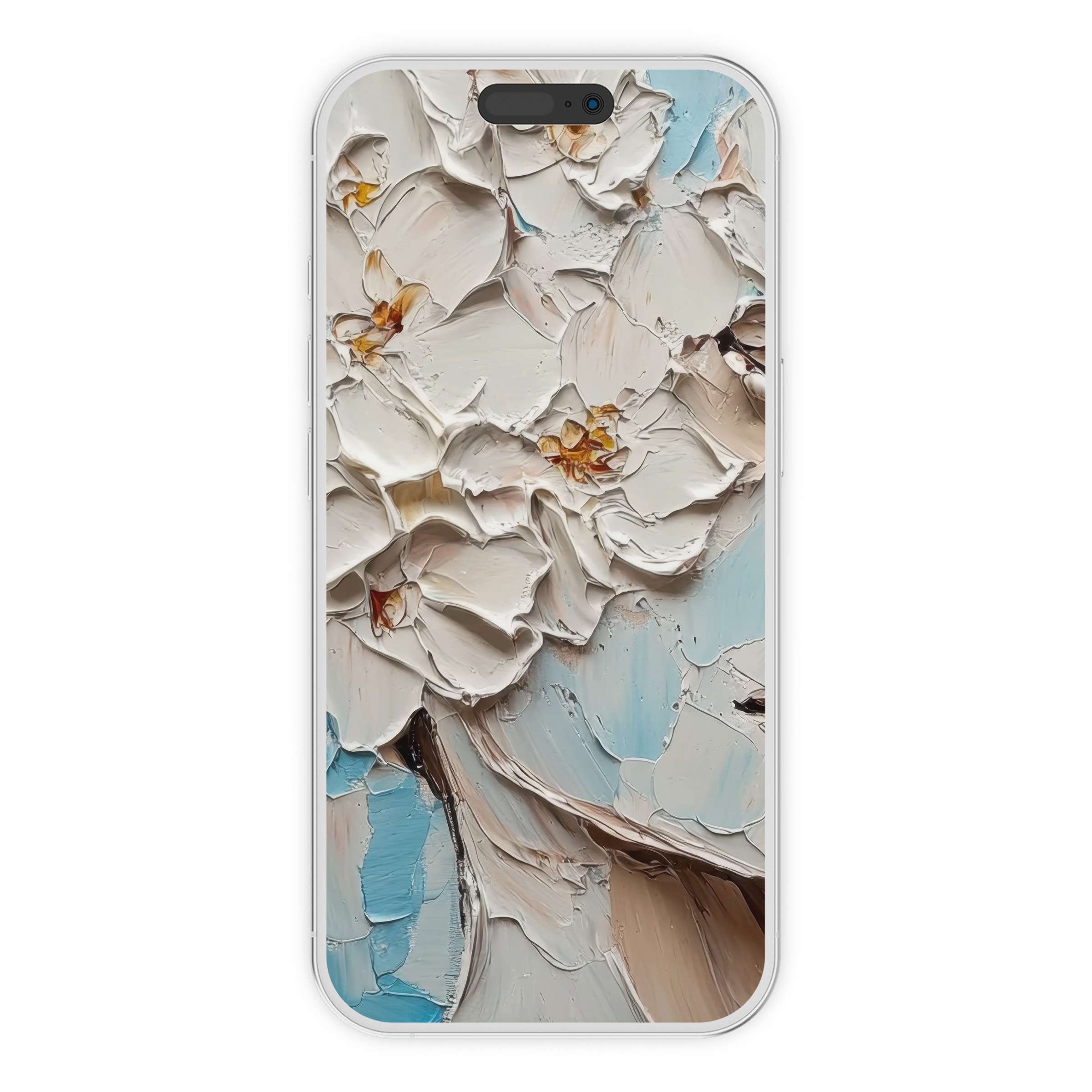 Elegant botanical iPhone wallpaper featuring textured white flowers on a soothing blue background, available for digital download, ideal for phone screens