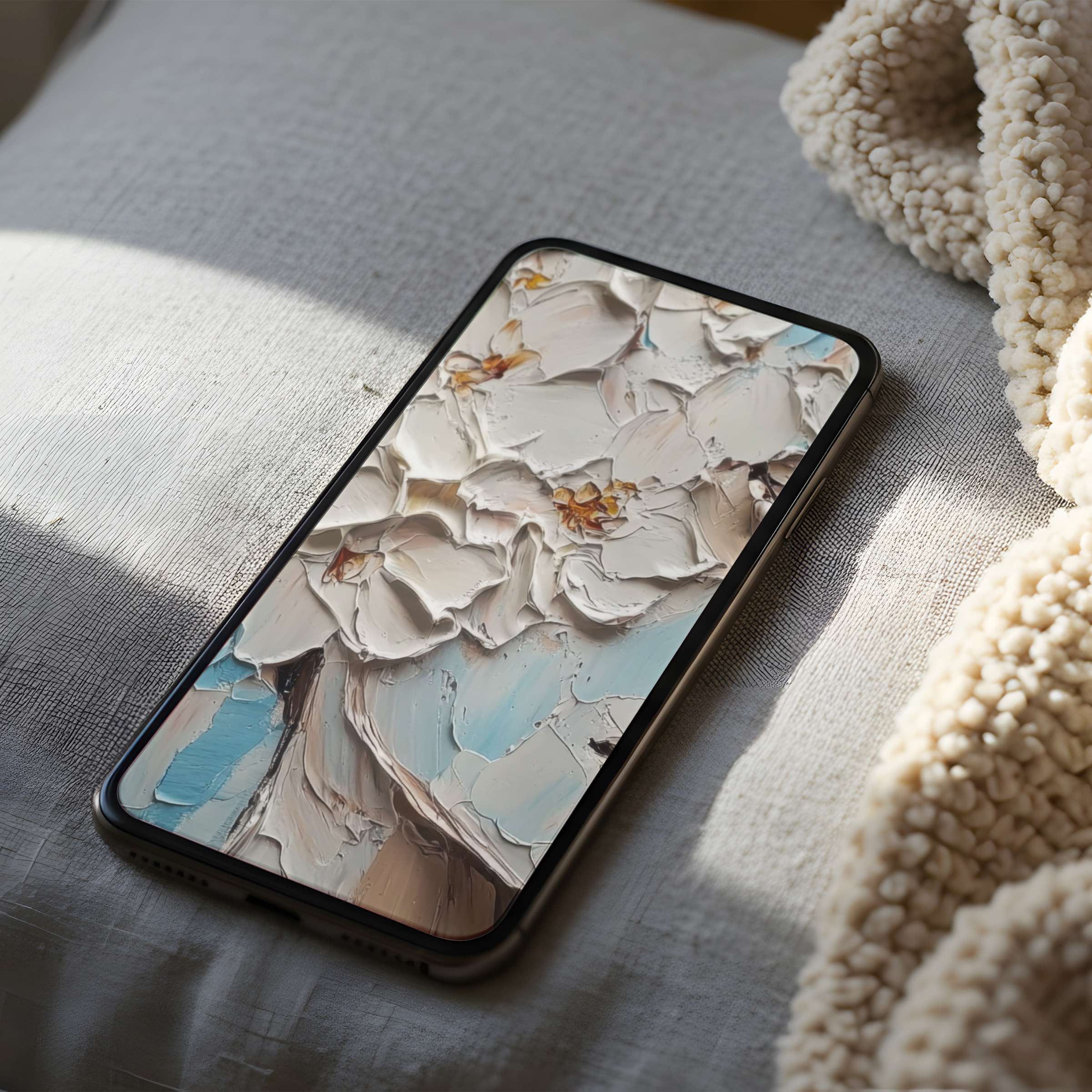 Elegant floral texture phone wallpaper in soft creams and blues enhances any iPhone or Android with high-resolution, calming beauty