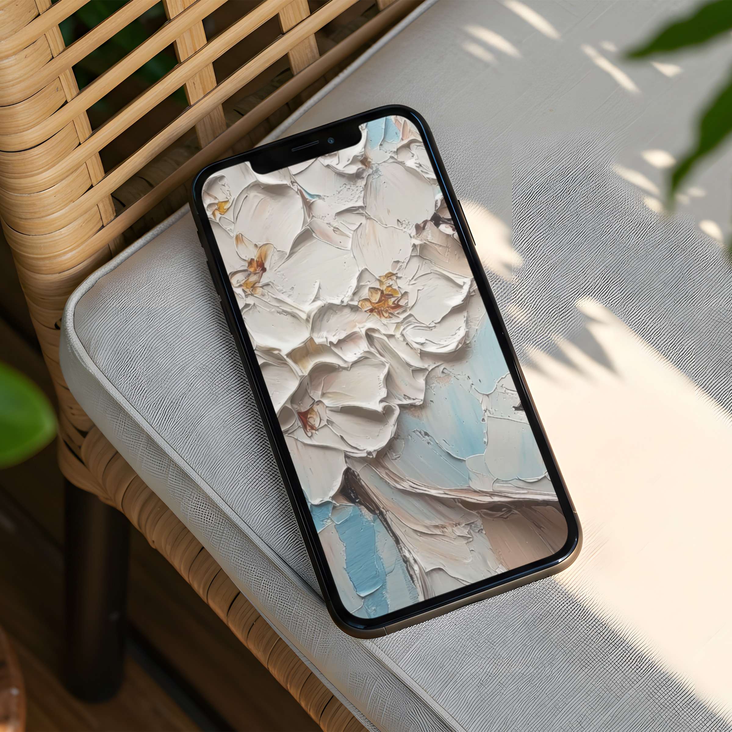 Elegant floral iPhone background with calming white petals and soft blue hues for instant download on any phone promoting mindfulness