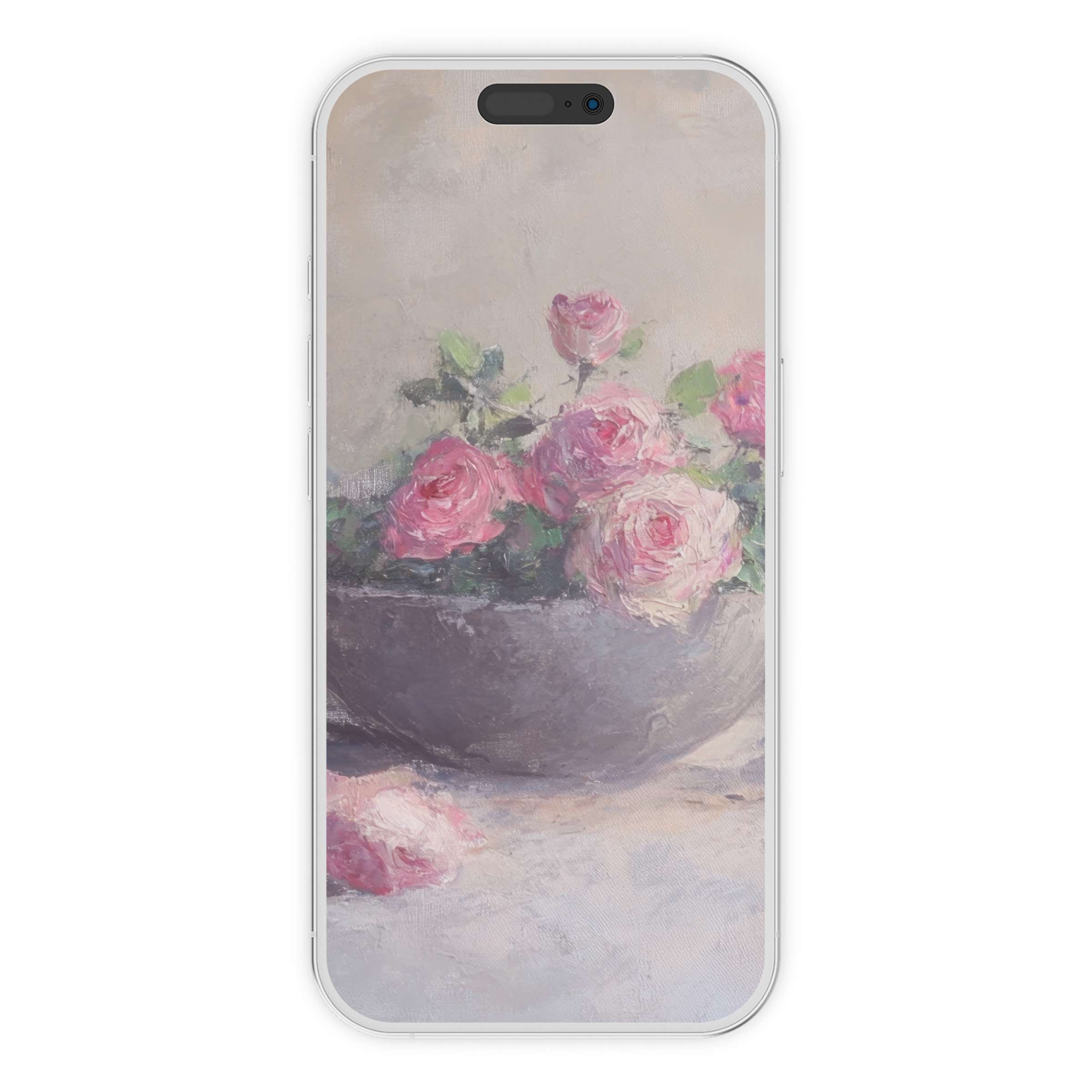 Elegant botanical iPhone wallpaper featuring pink roses in a textured vase, offering a calm digital download for any phone background
