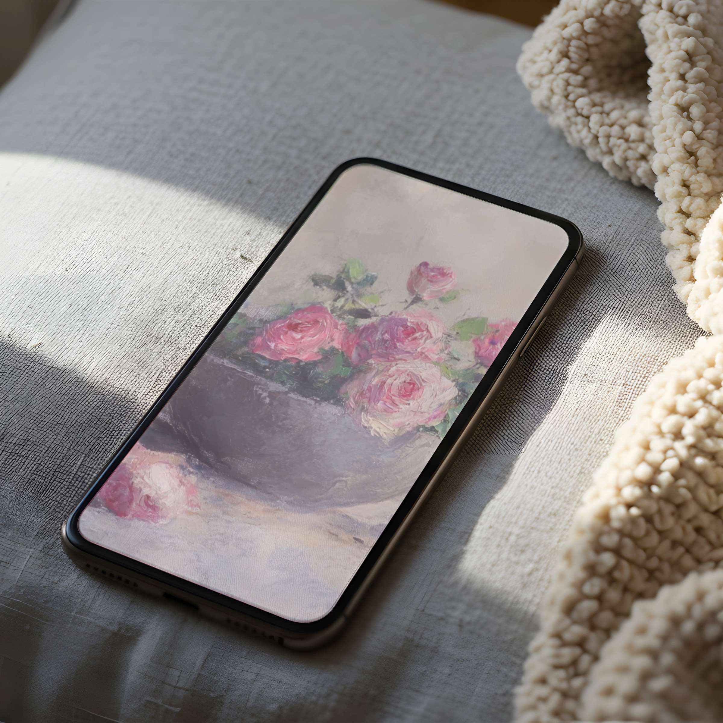 Elegant floral phone wallpaper with pastel roses in a vase motif offers high resolution beauty for iPhone and Android digital download