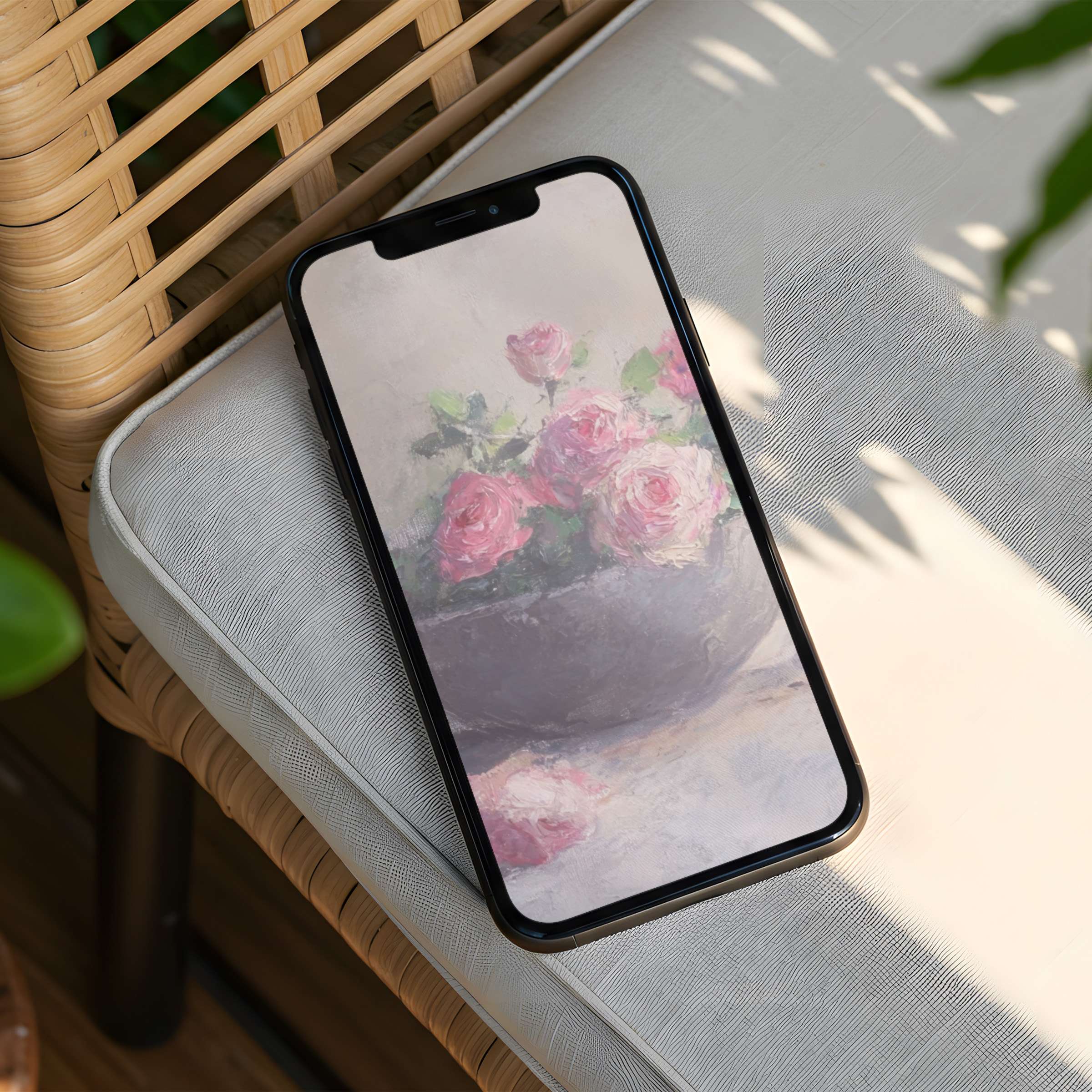 Elegant iPhone background featuring pink roses in a vase evokes calm and beauty for instant download on any phone