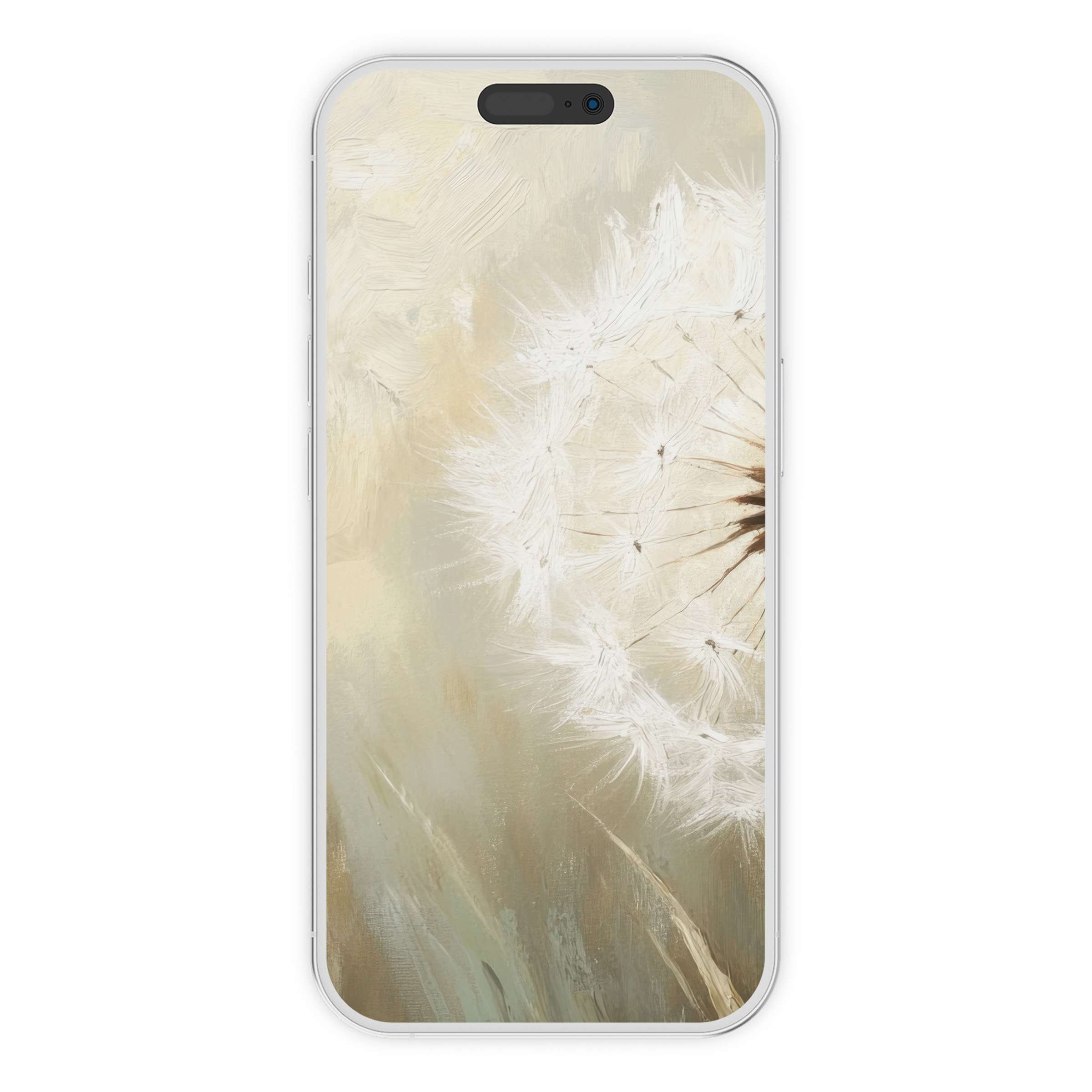 Ethereal botanical iPhone wallpaper featuring a soft beige dandelion, perfect phone background digital download for serene style