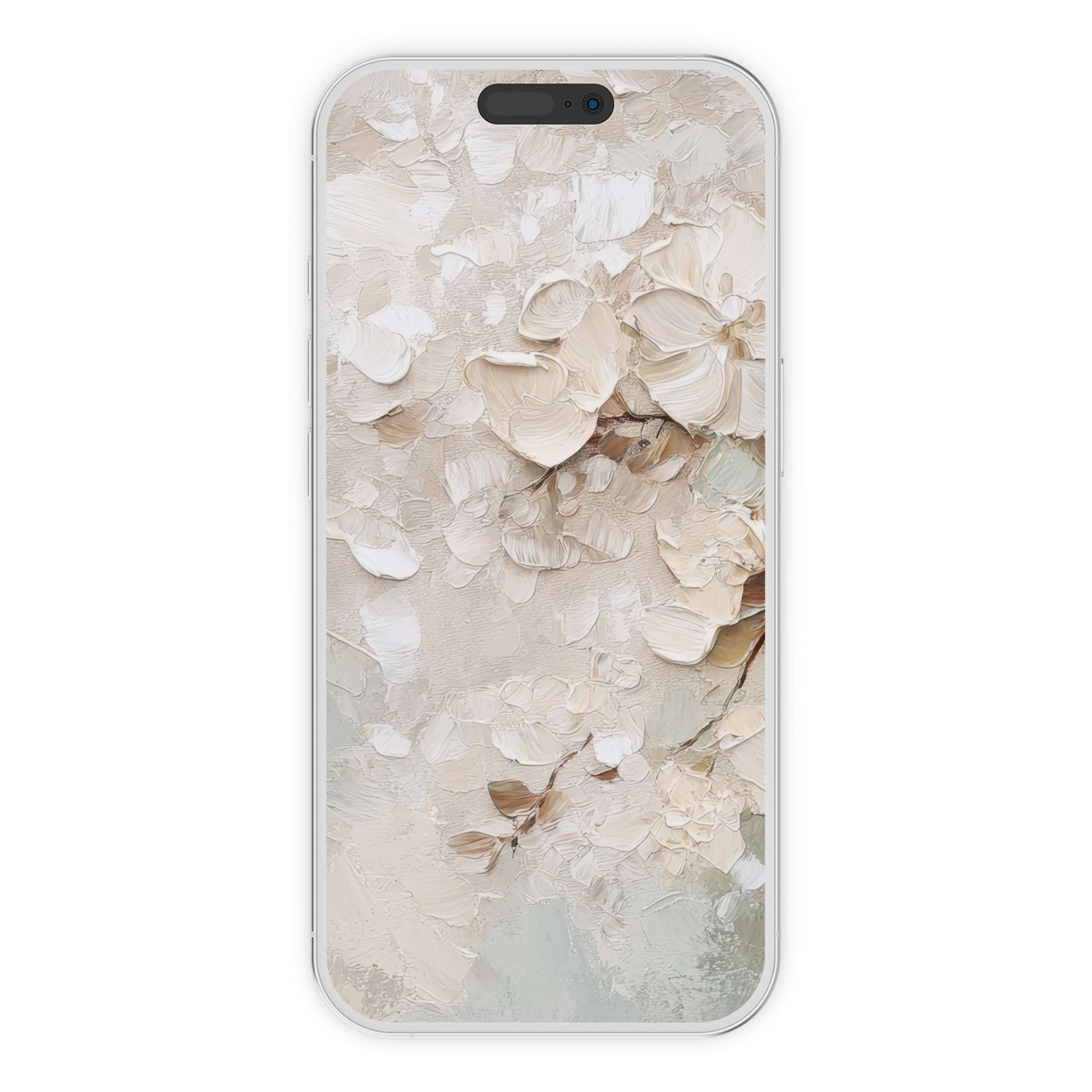 Elegant botanical iPhone wallpaper with textured brushstrokes in ivory and beige offers a calming background for phone users, digital download