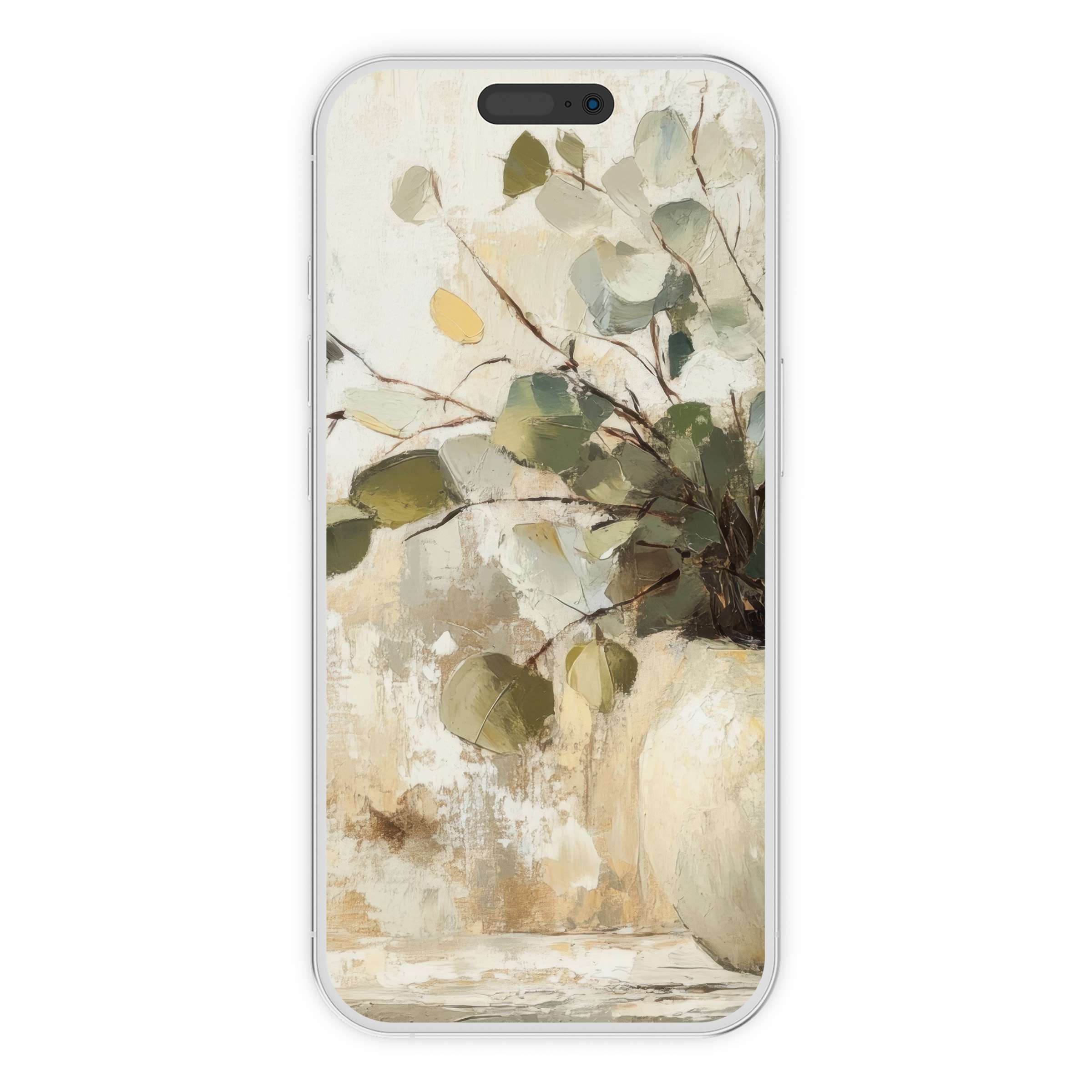 Elegant botanical iPhone wallpaper with muted green foliage in a soft pastel background for calming phone aesthetics digital download