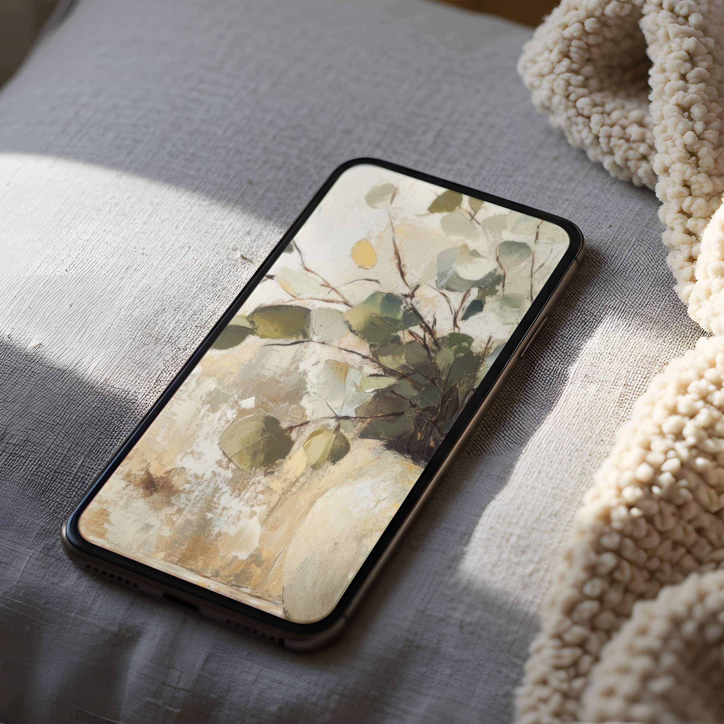 Elegant phone wallpaper featuring serene abstract foliage in earthy tones, perfect for iPhone and Android, available for digital download
