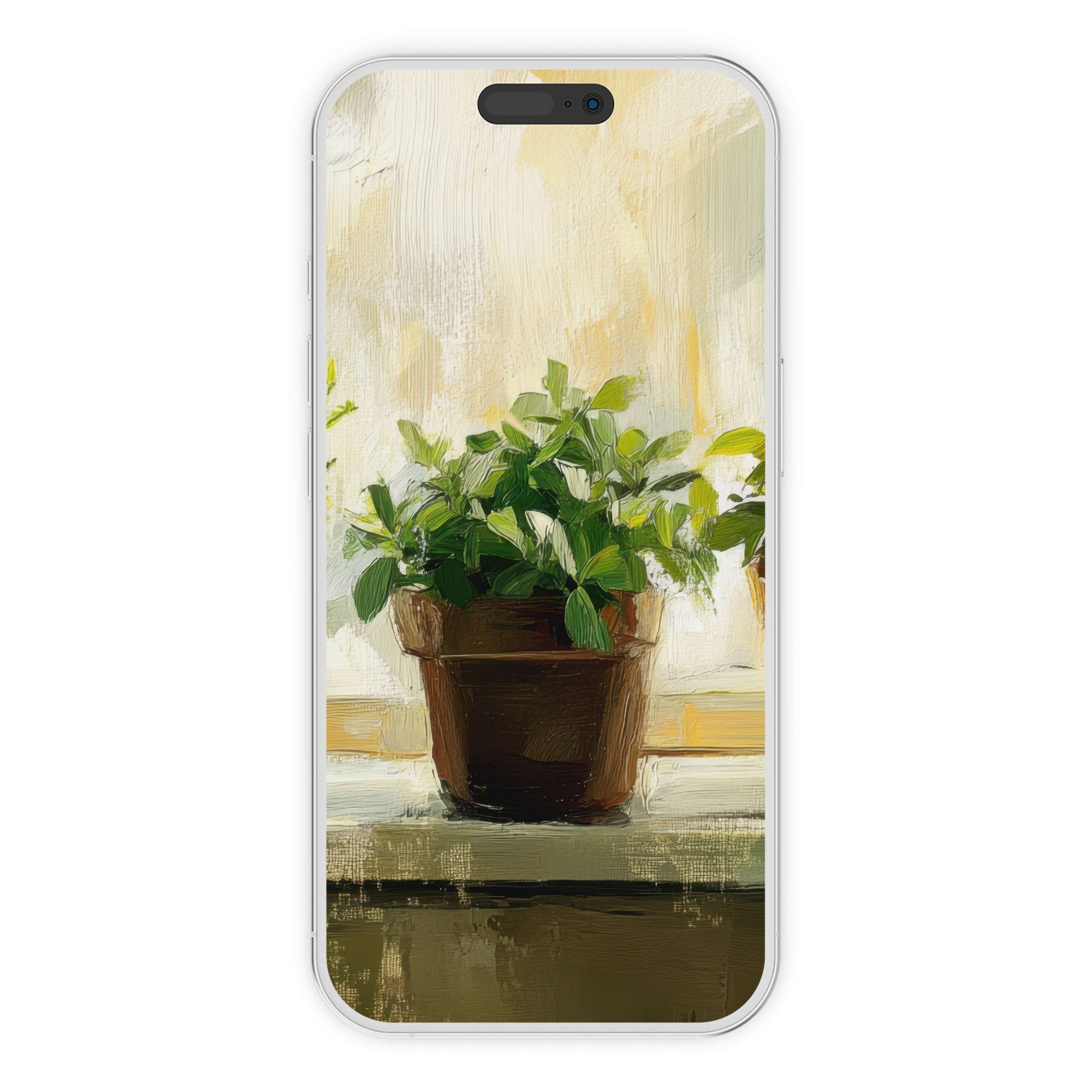 Elegant botanical iPhone wallpaper with a lush potted plant oil painting, perfect phone background digital download for tranquility