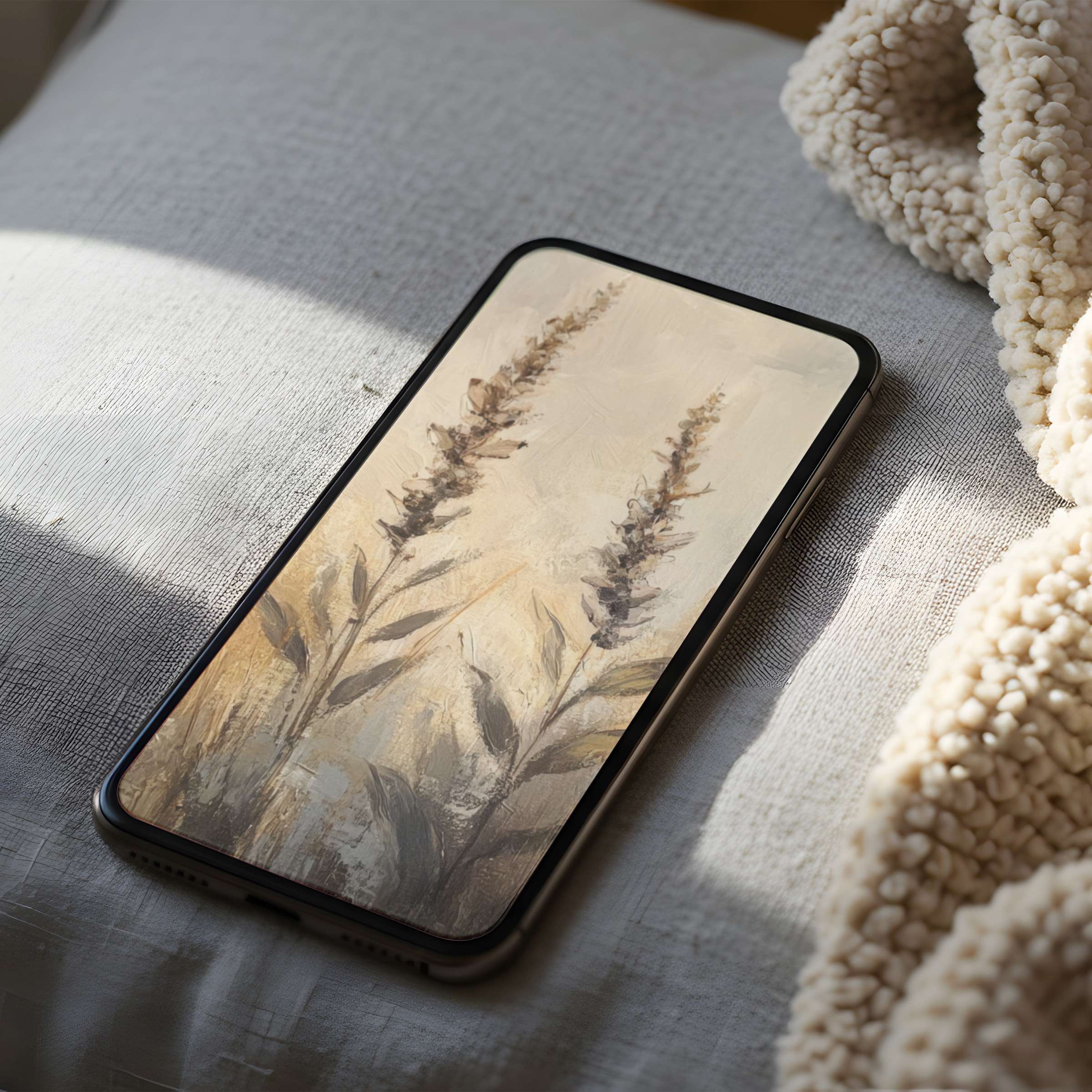 Sophisticated phone wallpaper featuring serene beige floral artwork, ideal for iPhone high resolution, blends elegance with tranquility, available for digital download