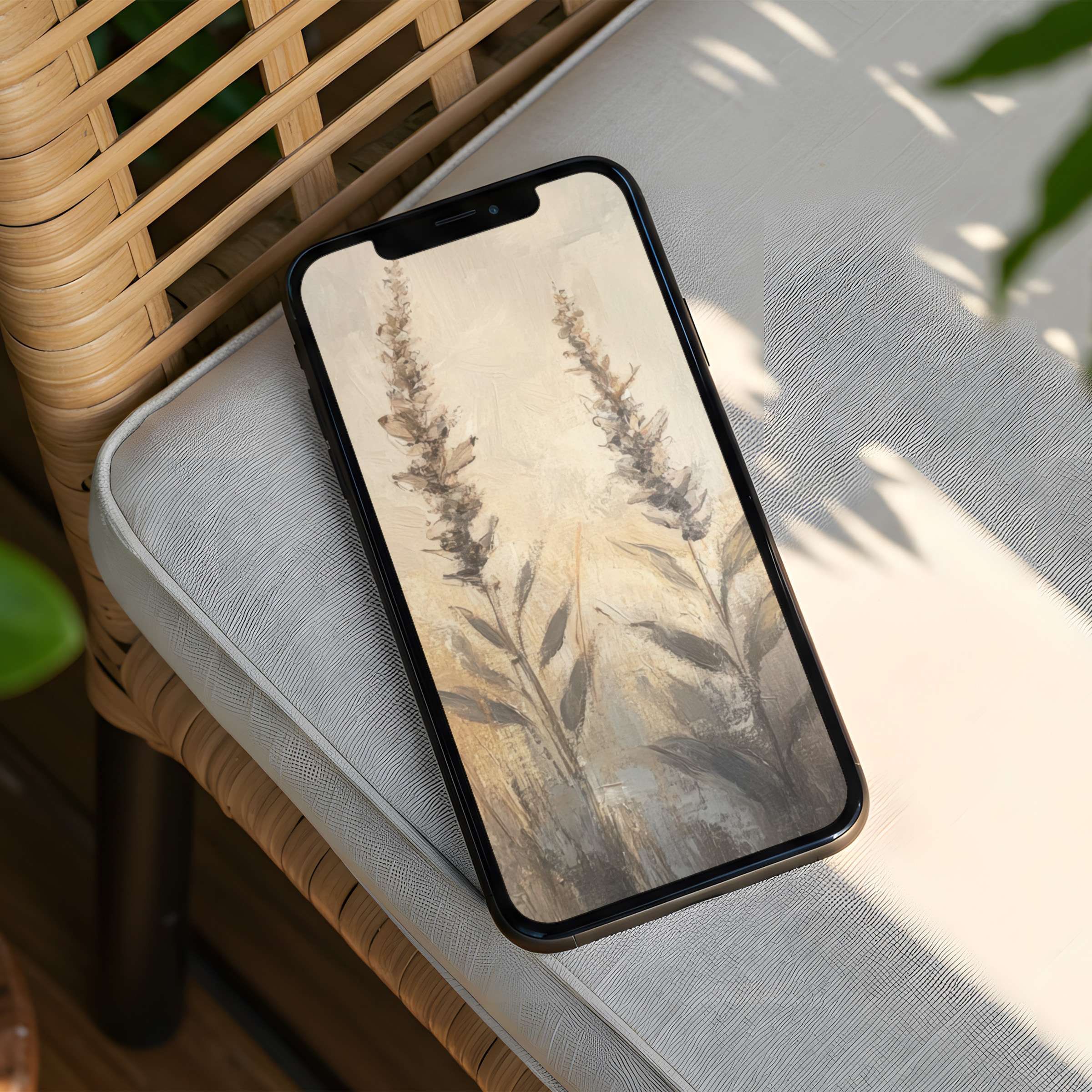 Elegant iPhone background featuring serene beige and gray botanical art offers mindfulness and inspiration perfect for instant download on any phone