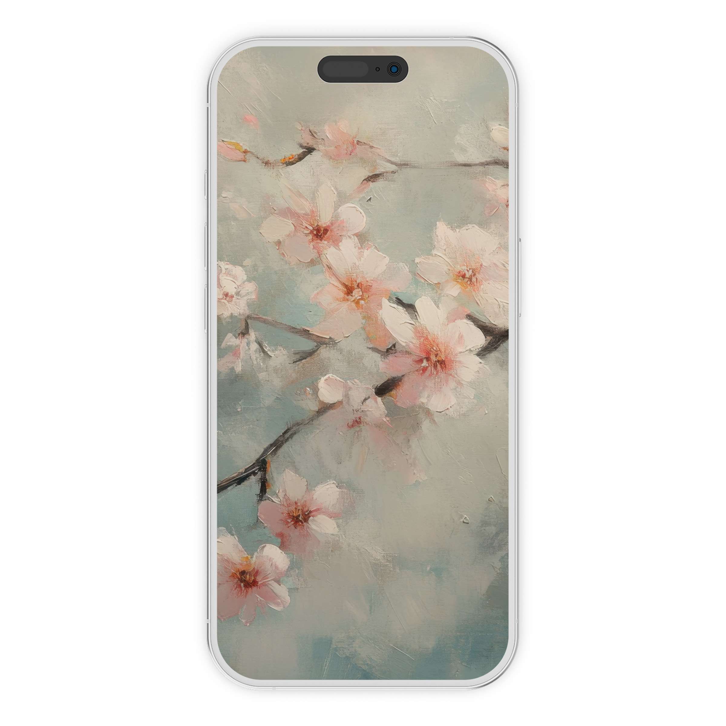 Delicate cherry blossoms in soft pastel tones create a calming botanical iPhone wallpaper perfect as a phone background digital download
