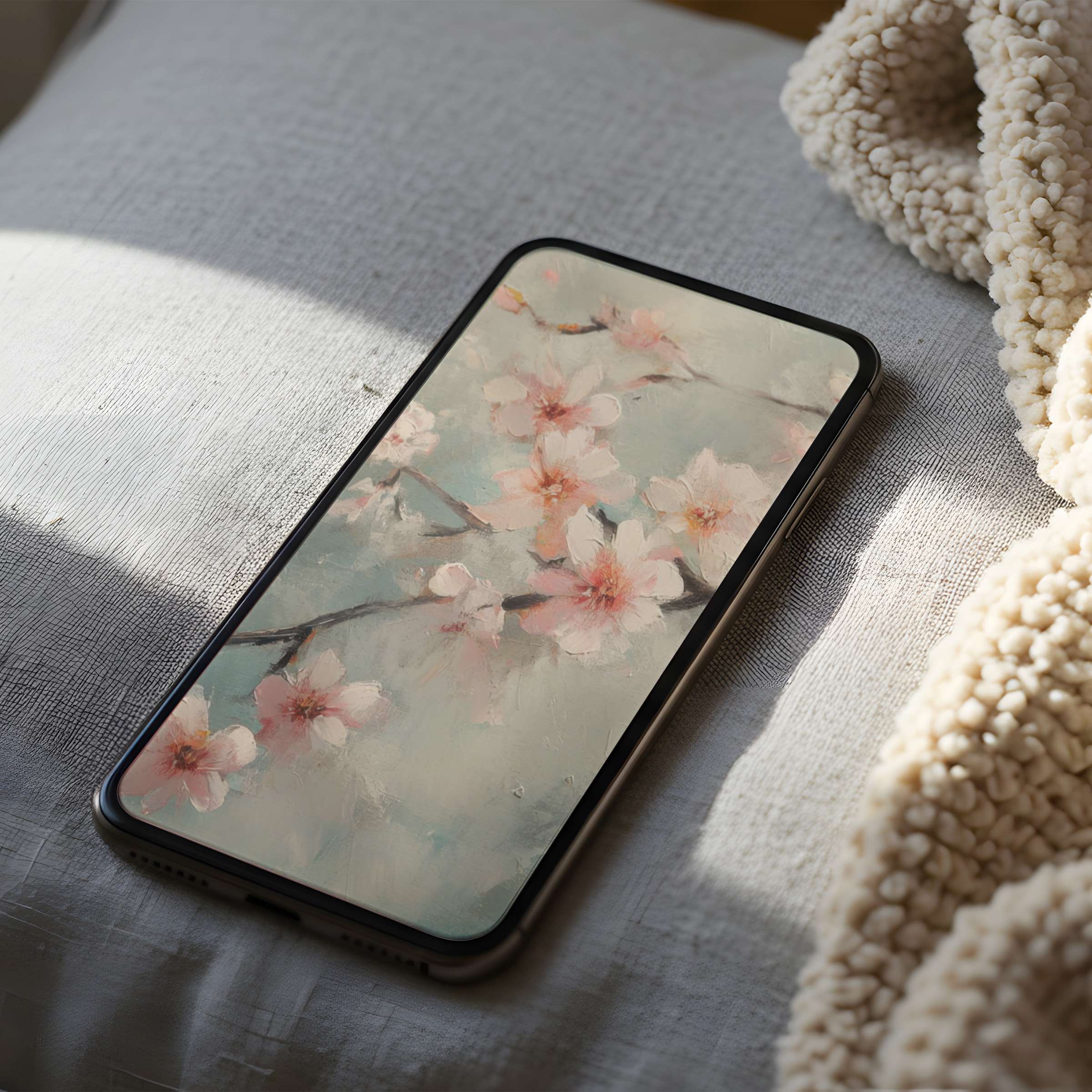 Elegant cherry blossom phone wallpaper in high resolution, perfect for iPhone or Android phones; enjoy calm beauty and instant digital download