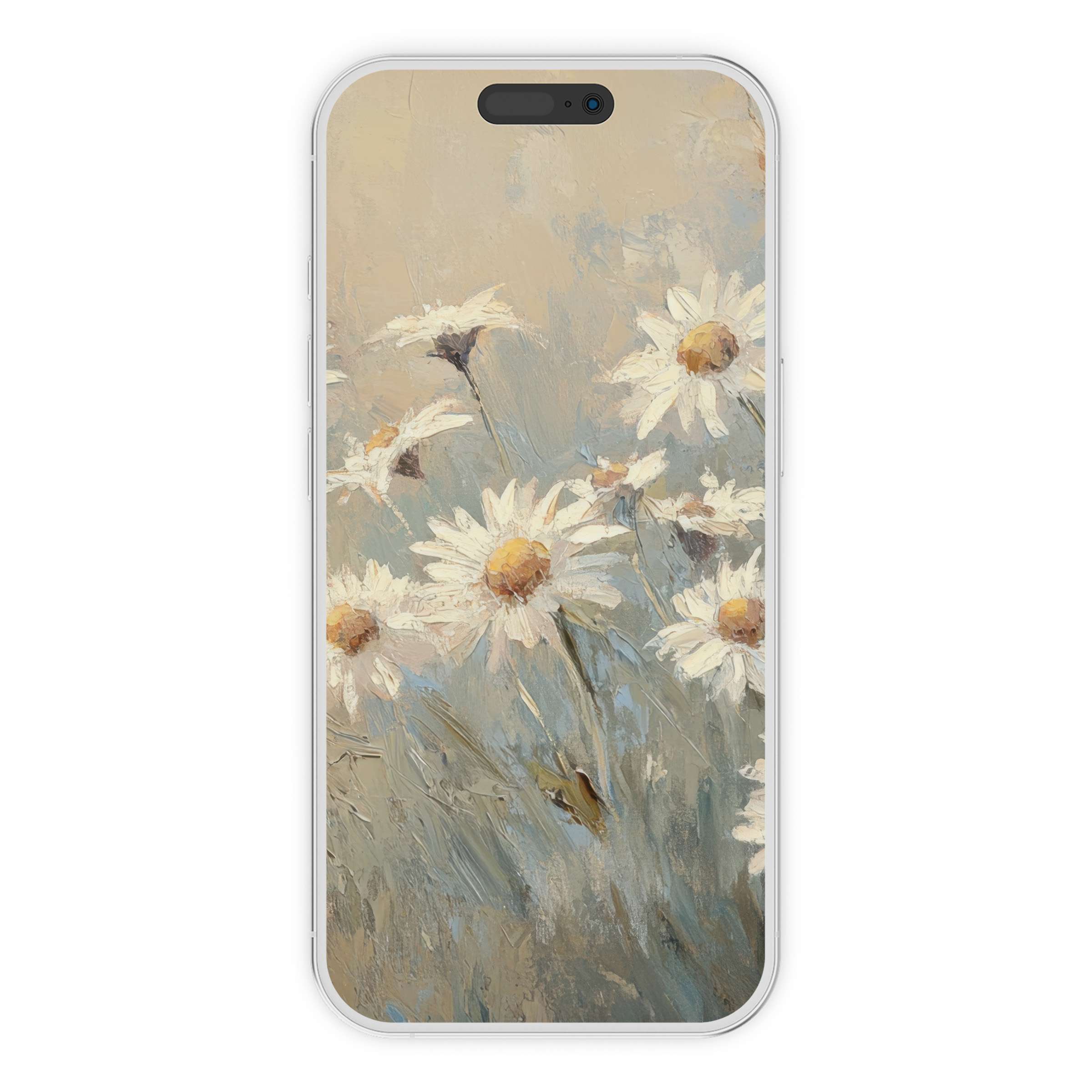 Elegant botanical iPhone wallpaper featuring serene daisies in soft tones, perfect digital download for calming phone background elegance