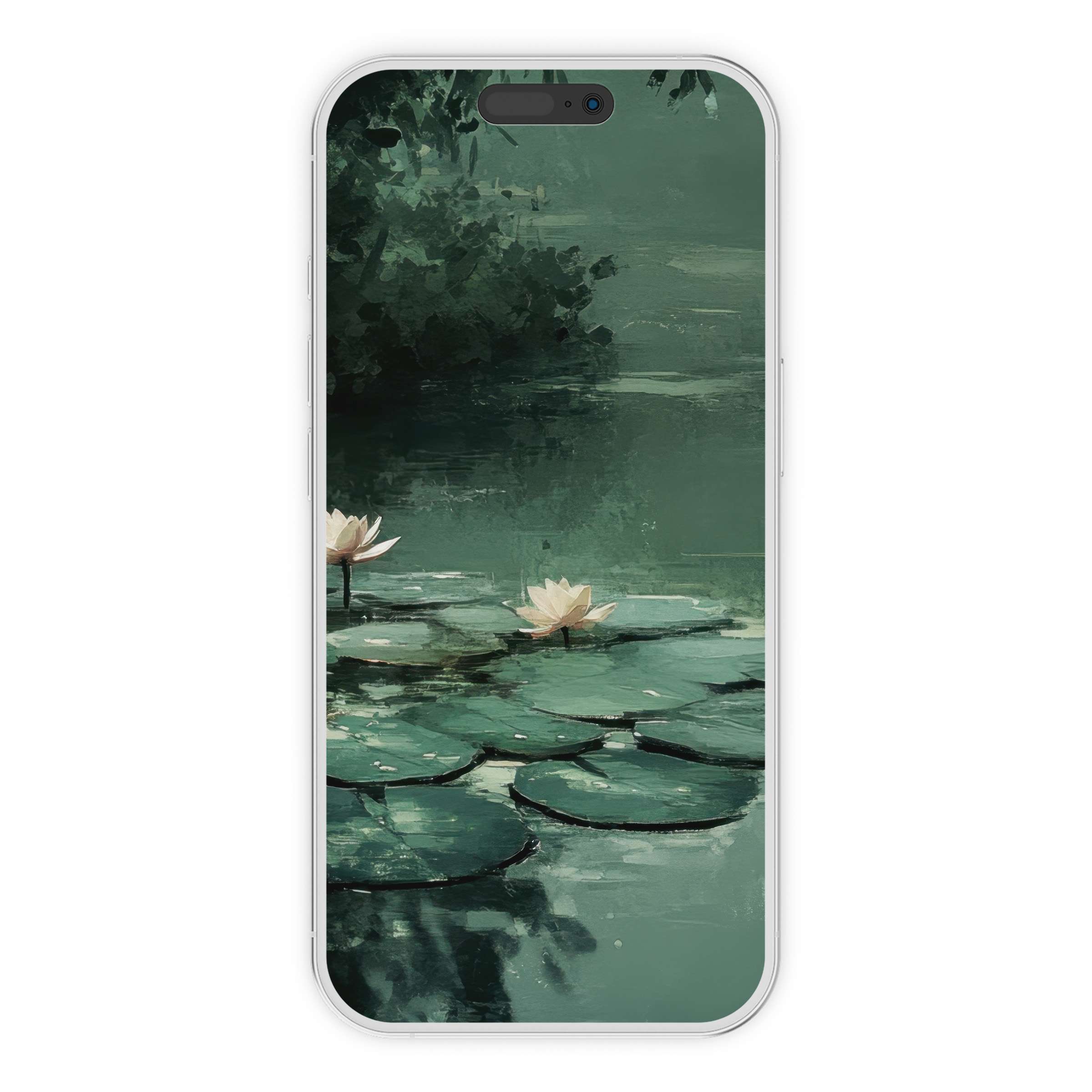 Serene botanical iPhone wallpaper featuring water lilies and lush greenery for a calming phone background digital download suitable for Android