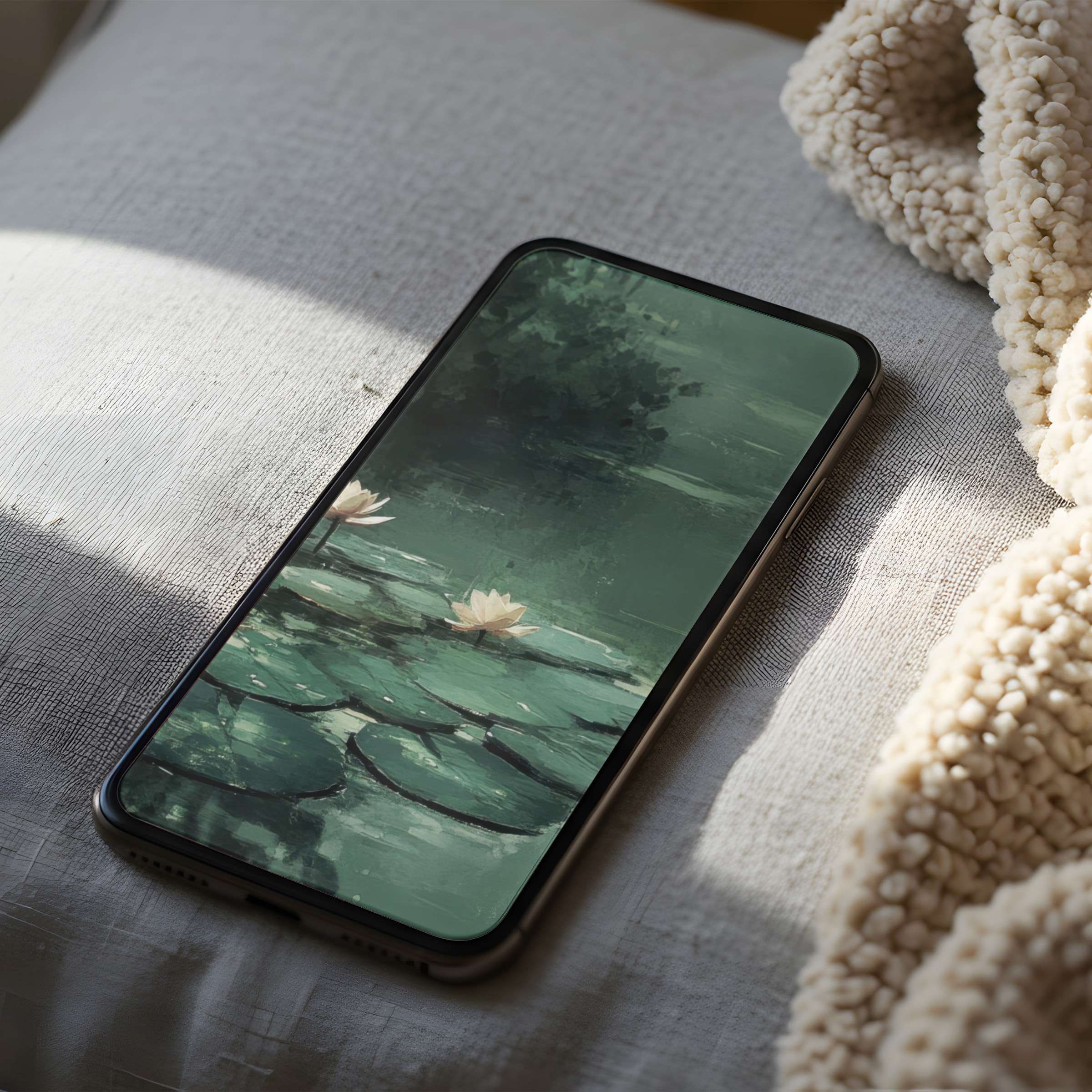 Elegant phone wallpaper featuring serene water lilies on a calm green pond suitable for iPhone and android digital download
