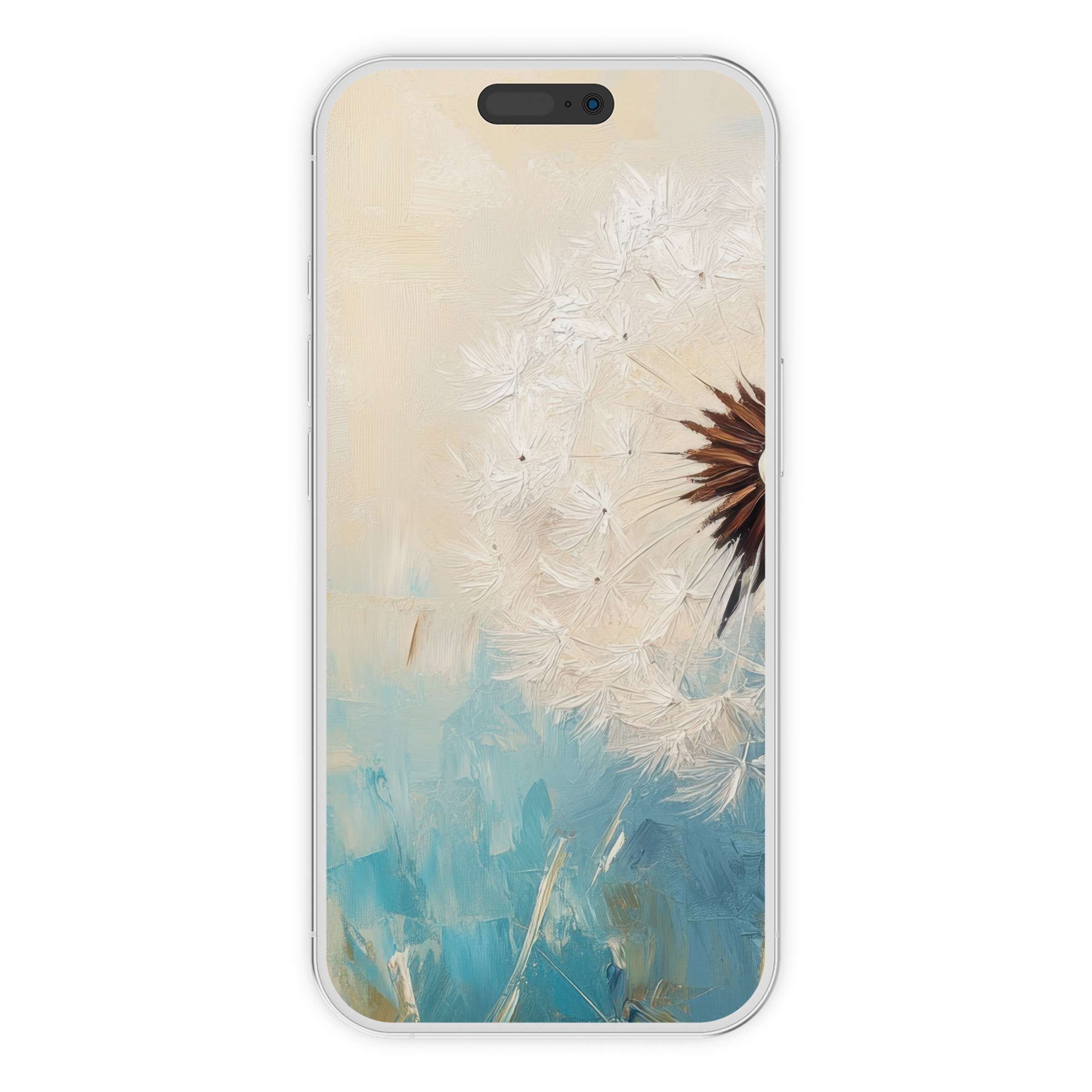Botanical iPhone wallpaper featuring a serene dandelion against a soft blue background perfect for phone digital download use