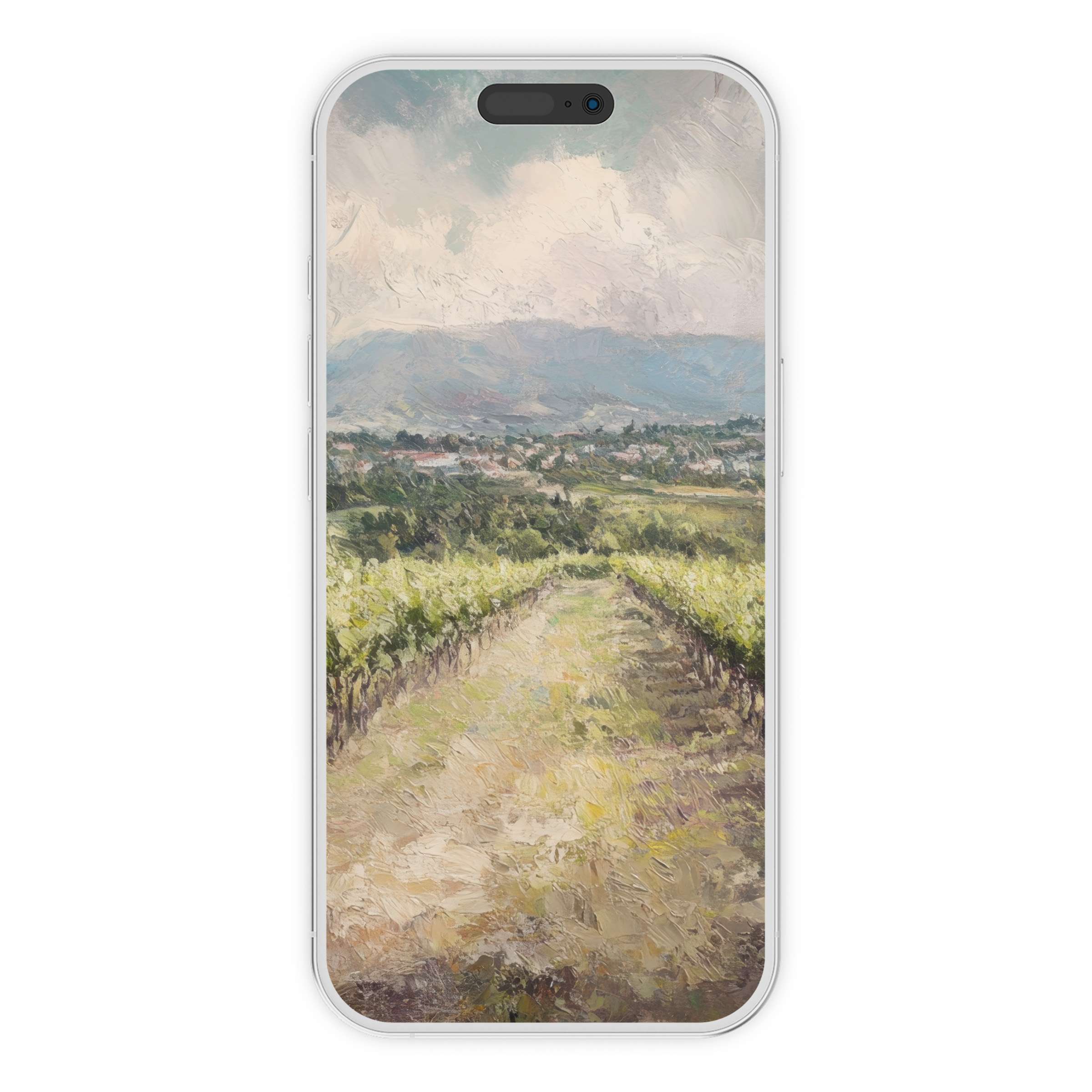 Serene pathway through lush vineyards under a soft sky on a botanical iPhone wallpaper phone background digital download