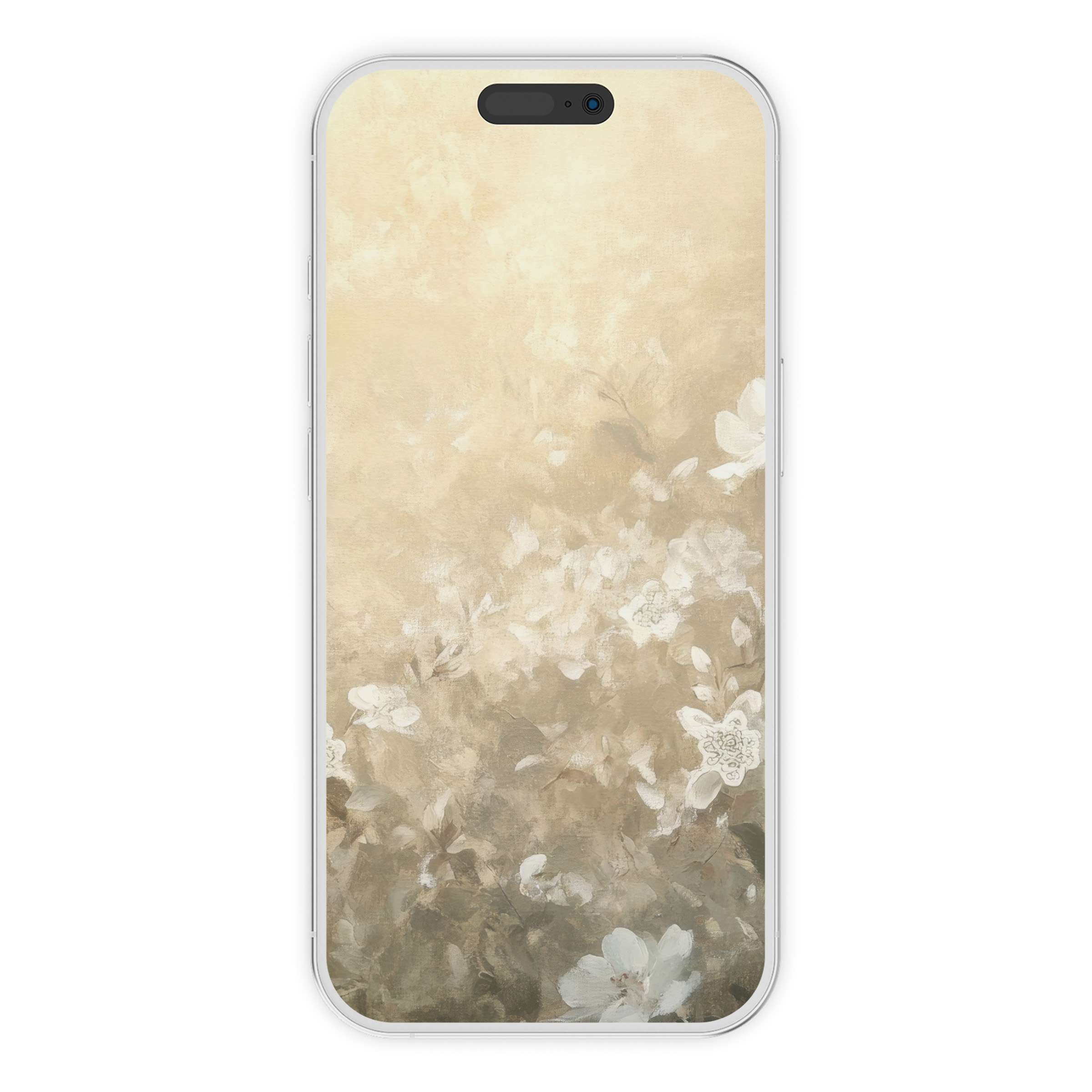 Elegant botanical iPhone wallpaper in soft beige and white digital download provides a serene phone background for all devices