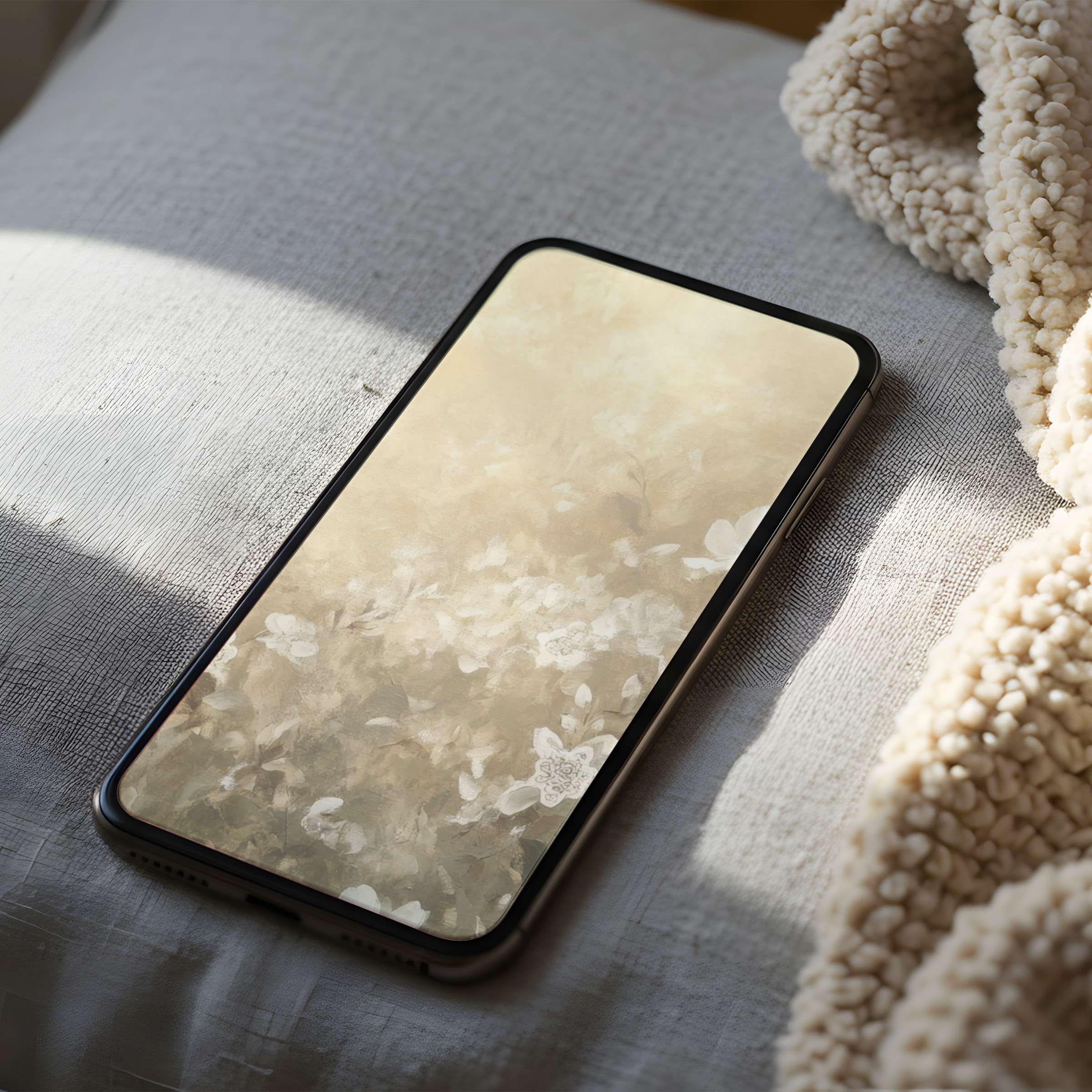 Elegant floral phone wallpaper with soft neutral tones, high resolution for iPhone and Android, perfect for serene digital download