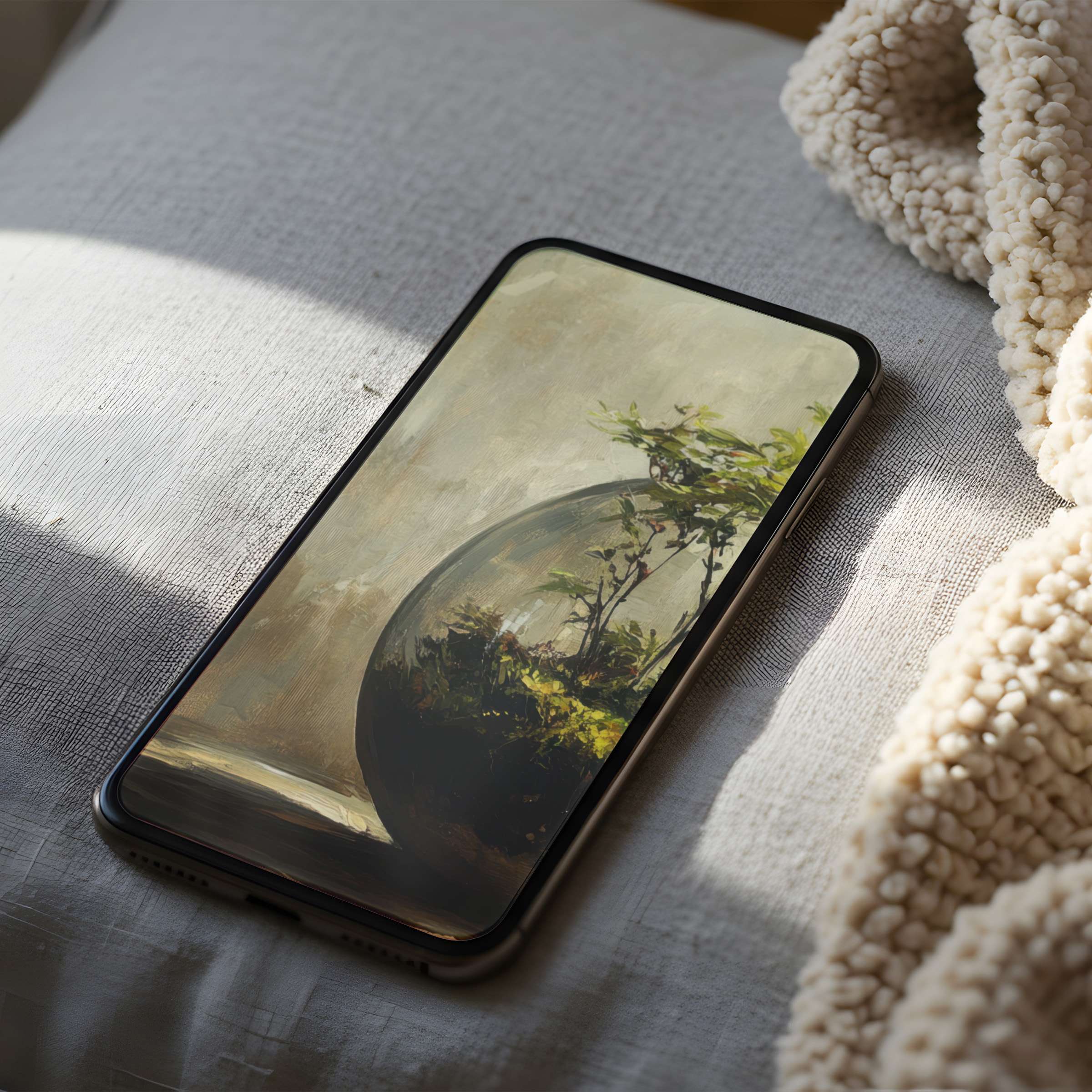 Elegant phone wallpaper featuring a serene terrarium painting in muted tones, perfect for iPhone and Android high-resolution displays