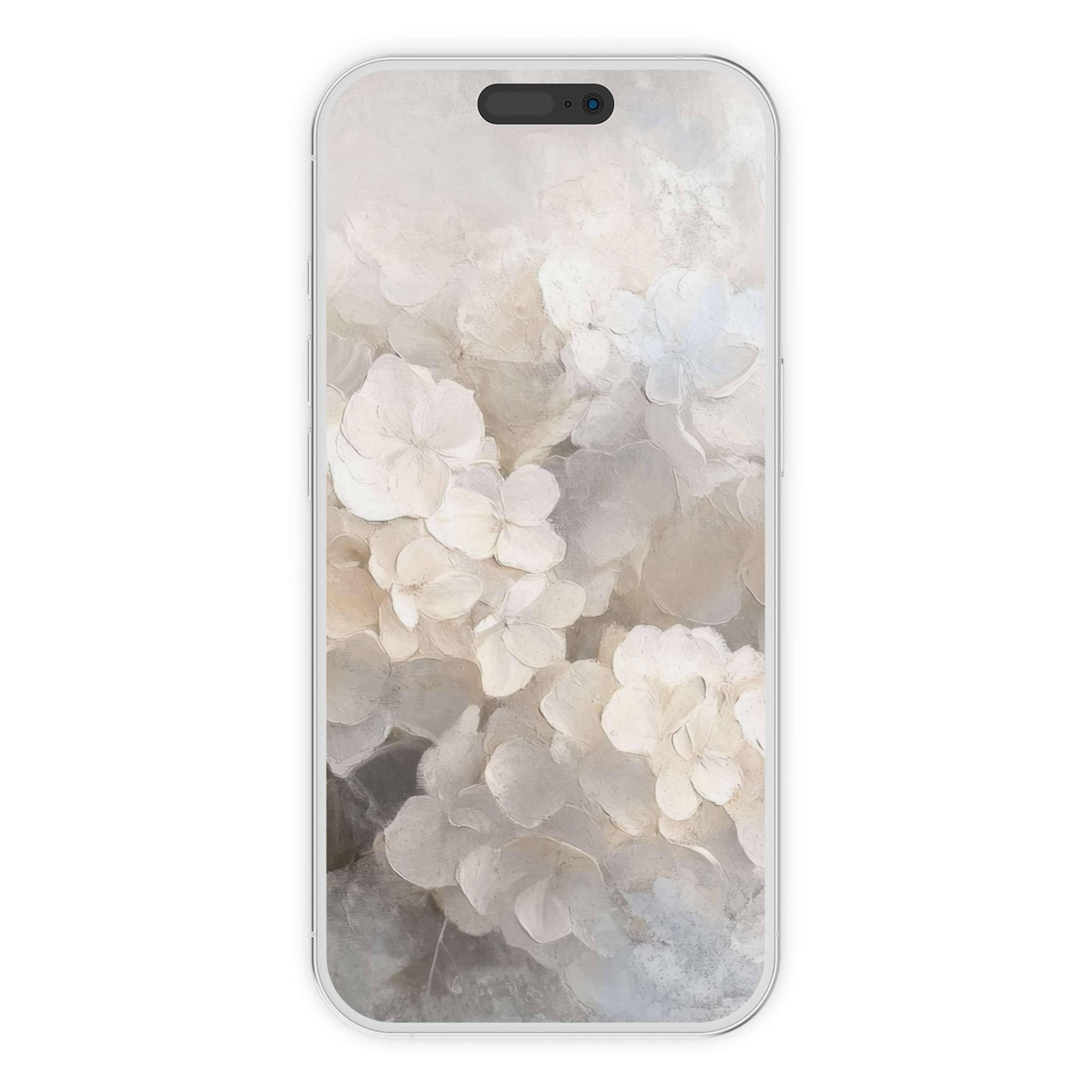Soft white floral design botanical iPhone wallpaper offers an elegant phone background as a digital download for serene aesthetics