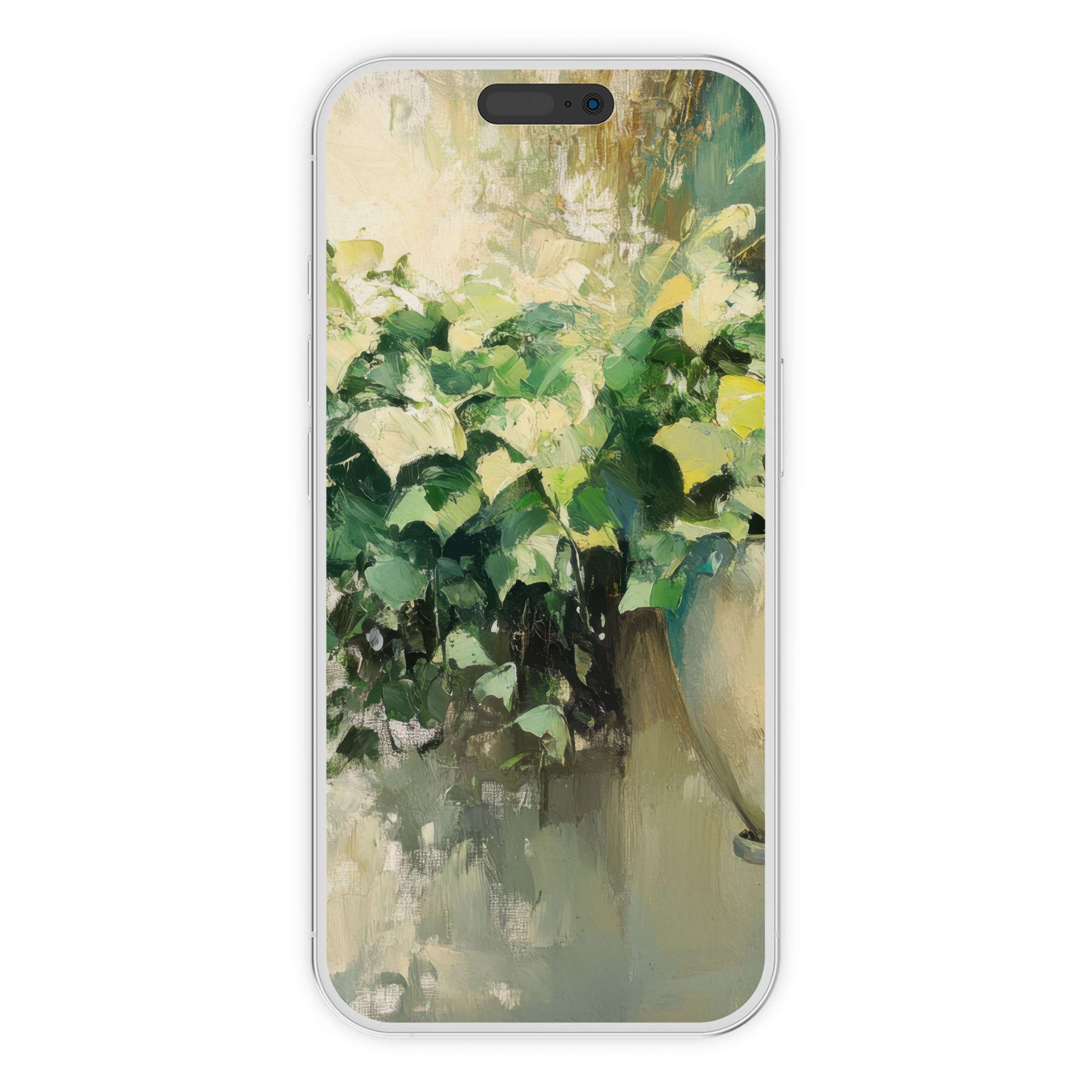 Elegant botanical iPhone wallpaper featuring lush green leaves in an abstract art style digital download for serene phone background