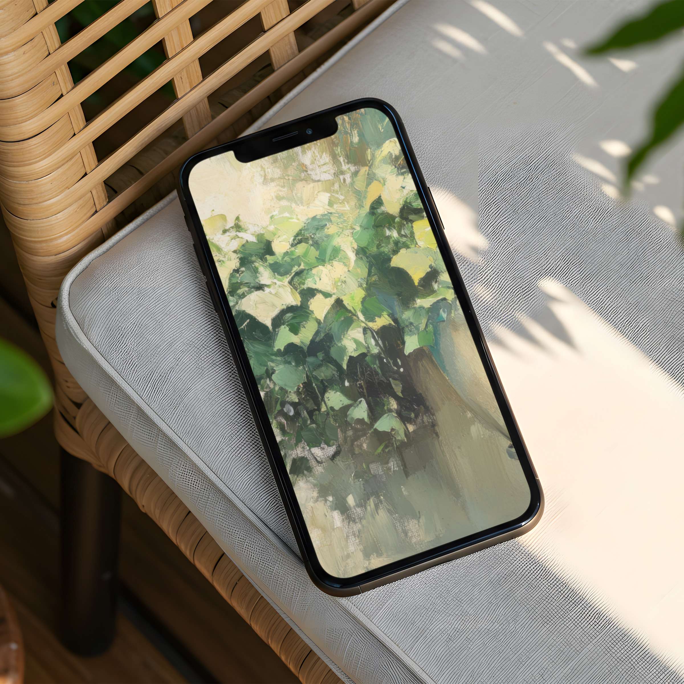 Elegant iPhone background featuring soothing greenery and light brush strokes offers instant download for phone mindfulness and style