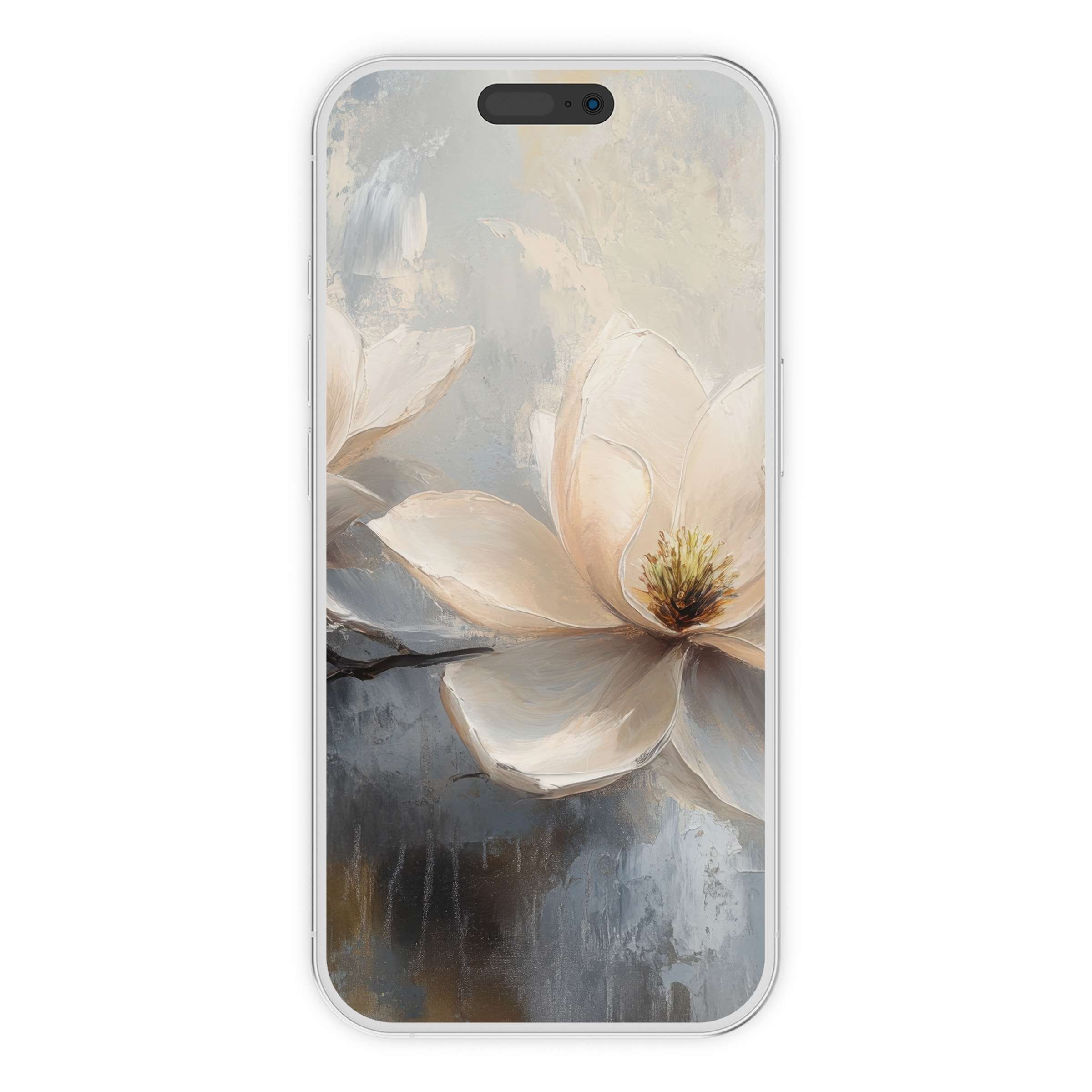 Elegant botanical iPhone wallpaper featuring soft magnolia blossoms in a soothing palette for a serene phone background digital download
