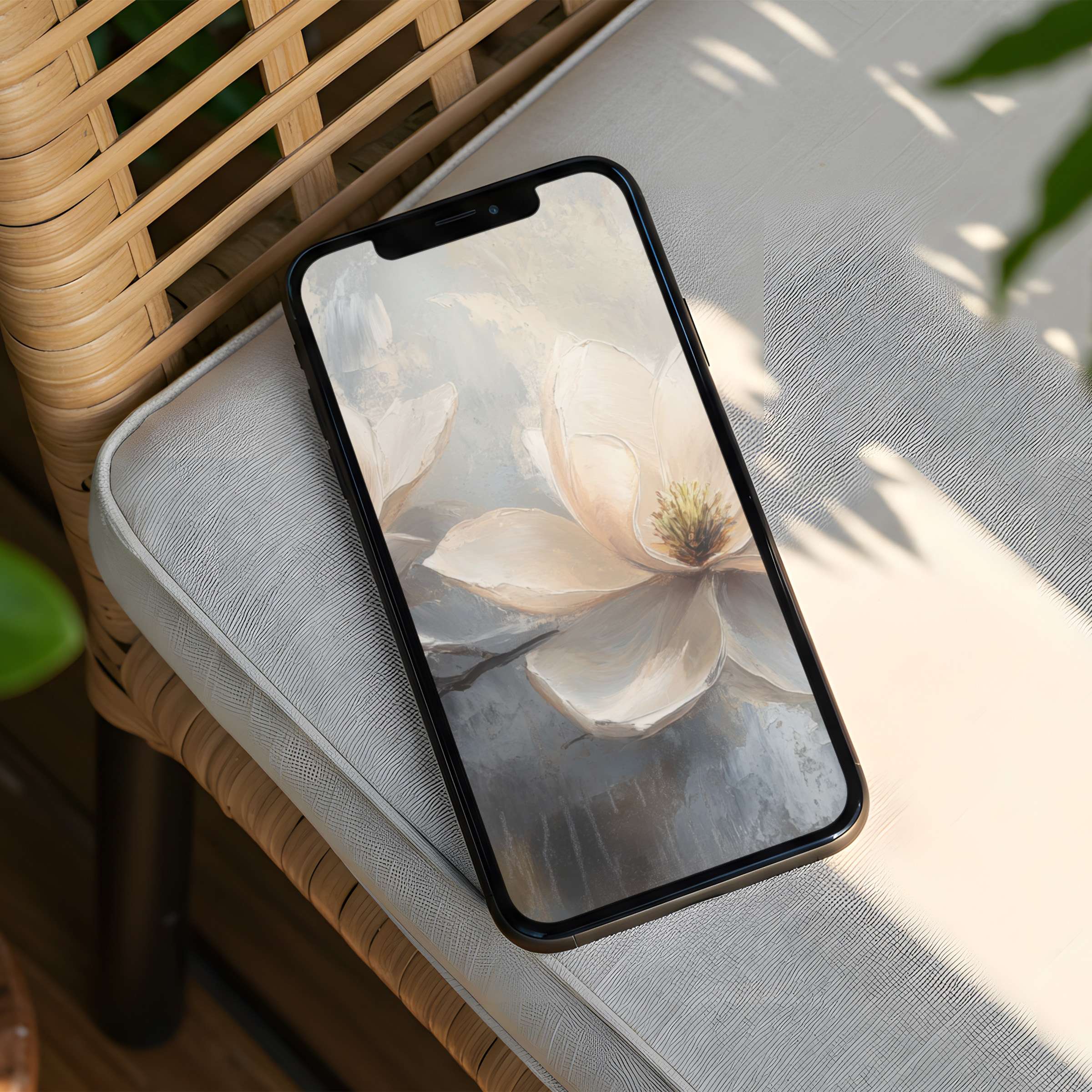 Tranquil iPhone background featuring an elegant white flower painting perfect for instant download on any phone enhancing calmness and style