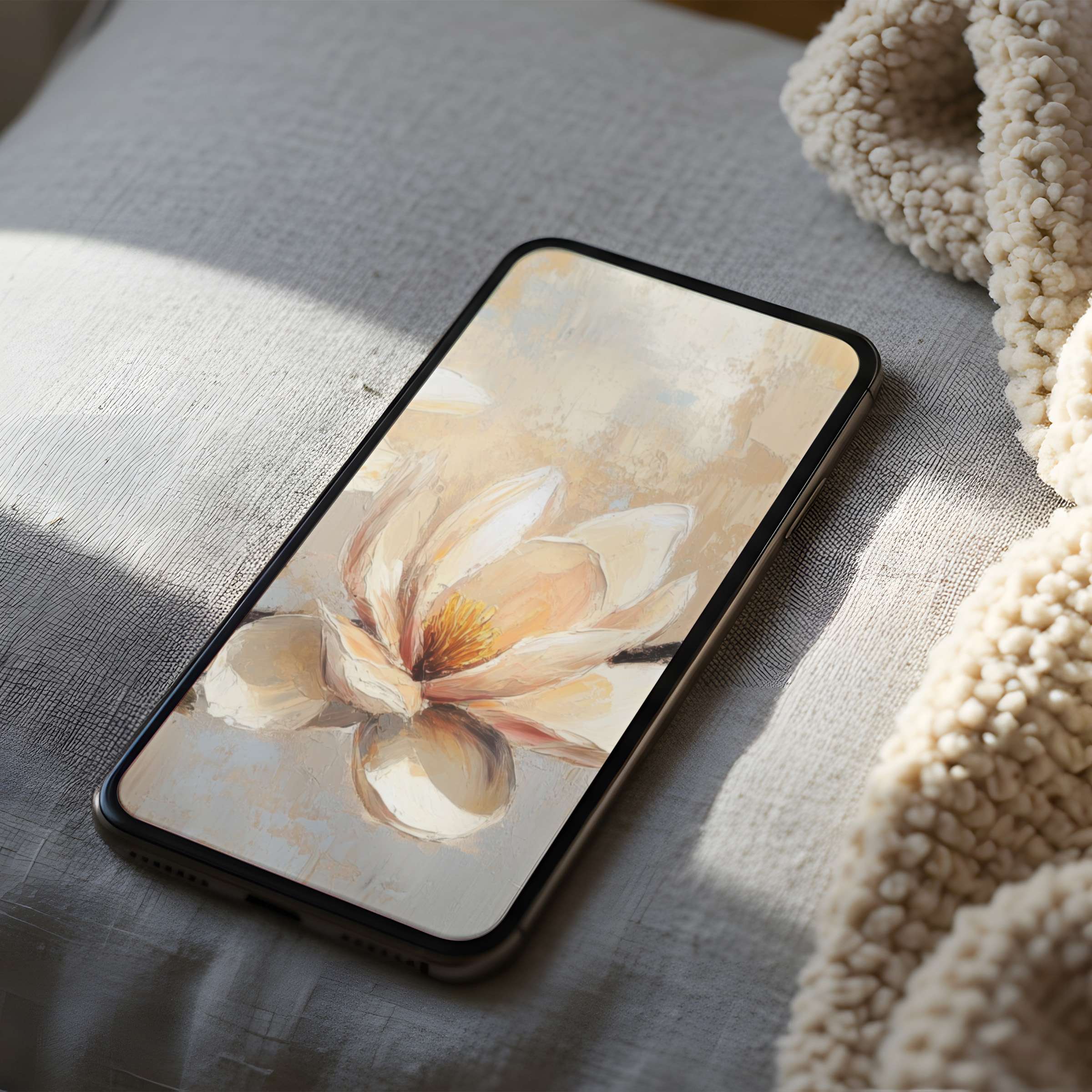 Elegant magnolia phone wallpaper in soothing beige tones enhances your iPhone with high resolution, perfect for calming digital download