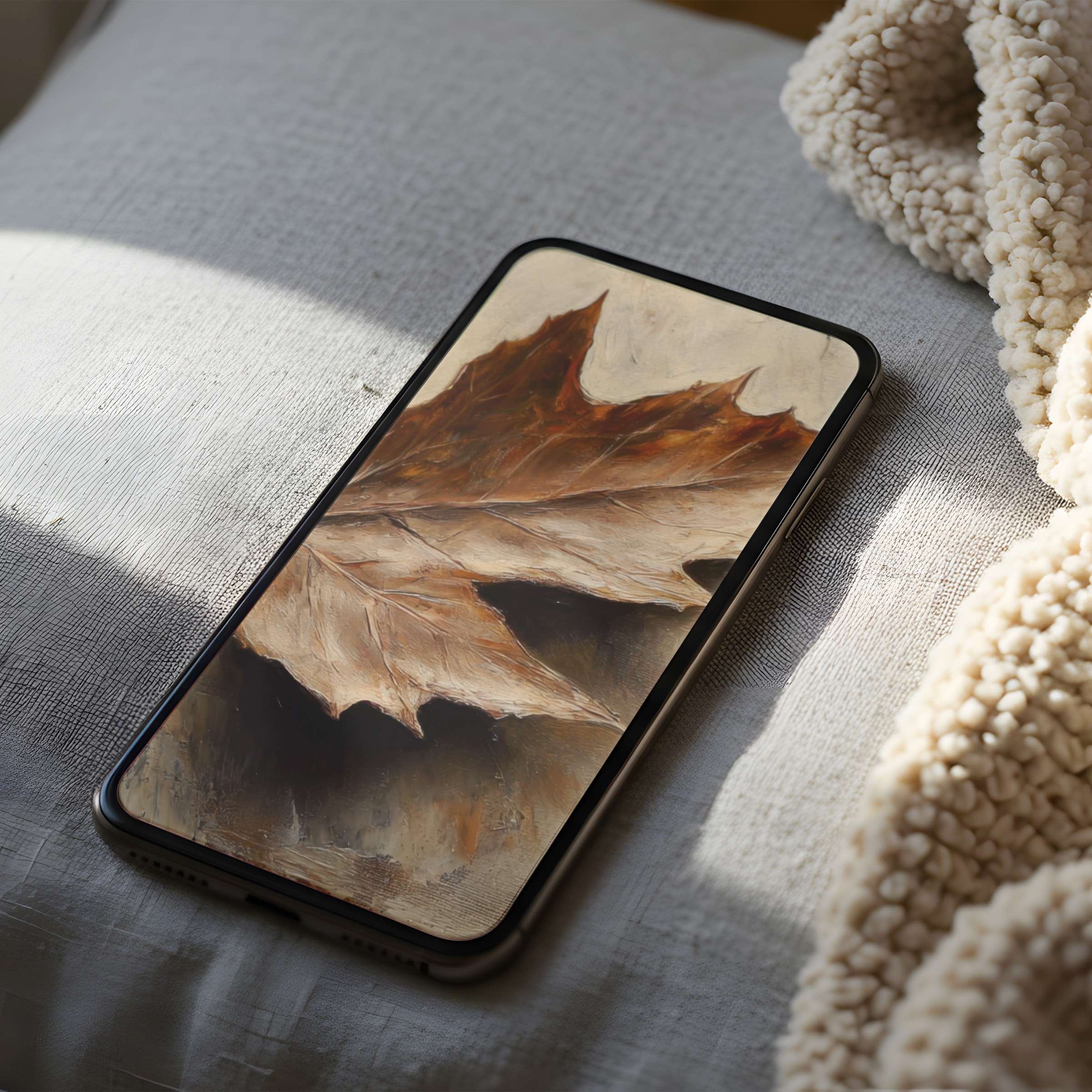 Elegant phone wallpaper showcasing a high resolution autumn leaf painting, perfect for iPhone and Android, enhancing calm digital spaces