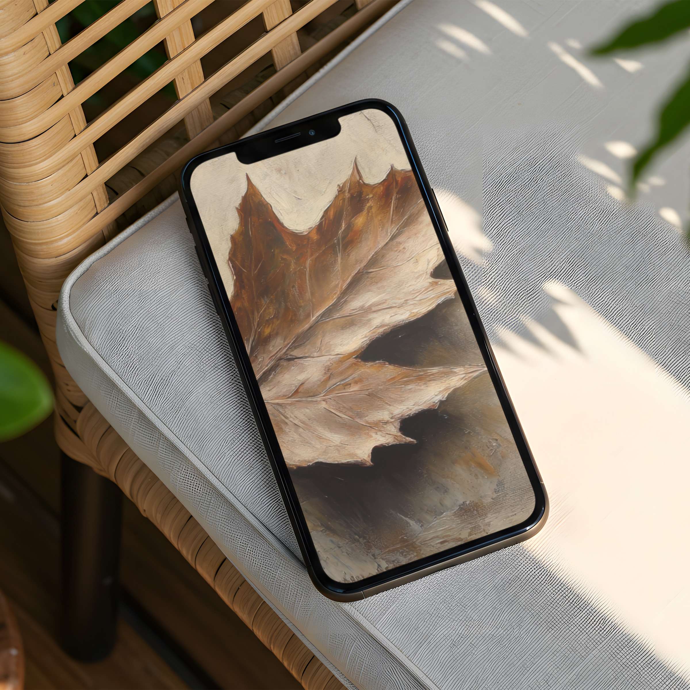 Elegant leaf texture iPhone background for instant download imbues your phone with calm, autumn-inspired mindfulness and style