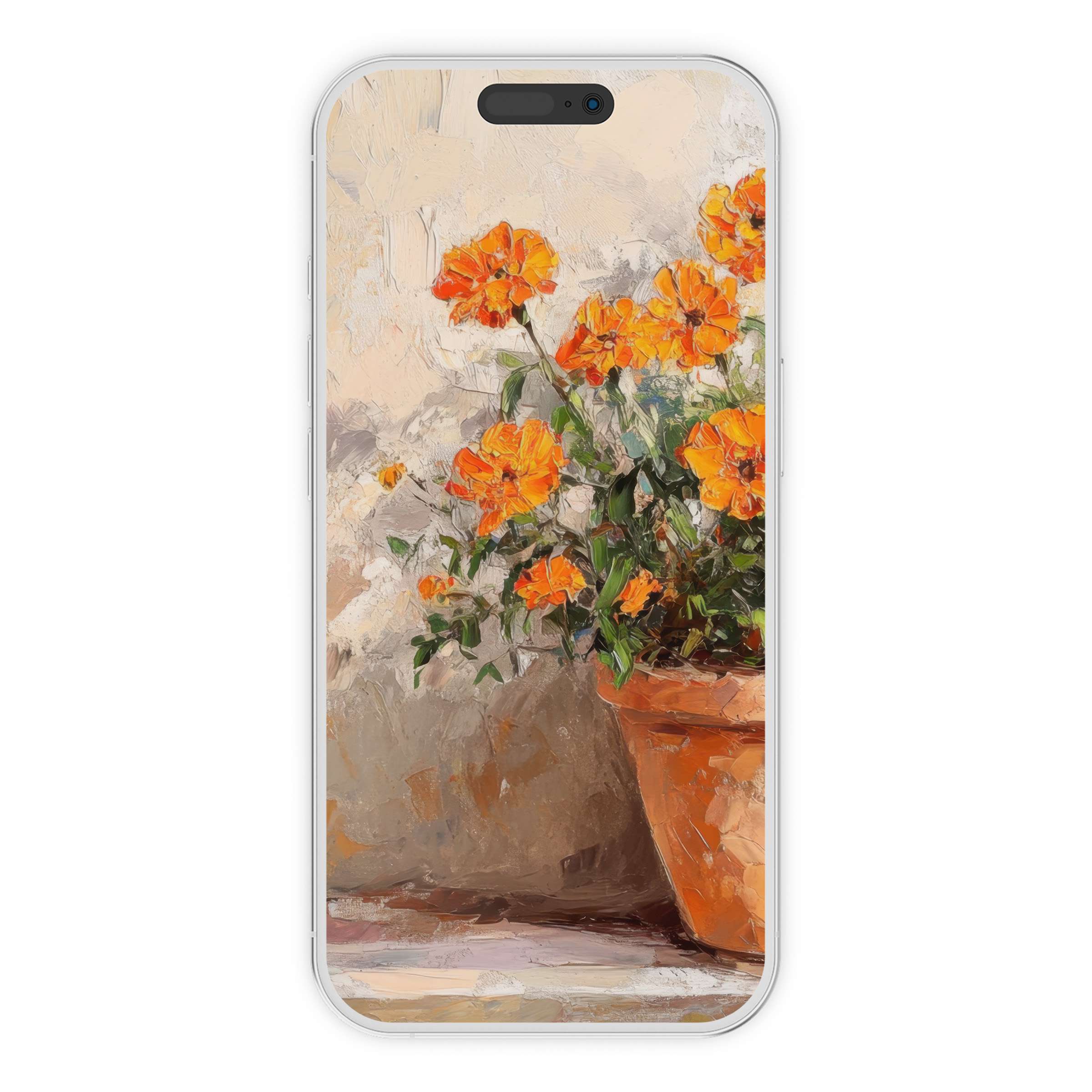 Elegant botanical iPhone wallpaper digital download with vibrant orange blooms in a clay pot, perfect phone background for tranquility and style