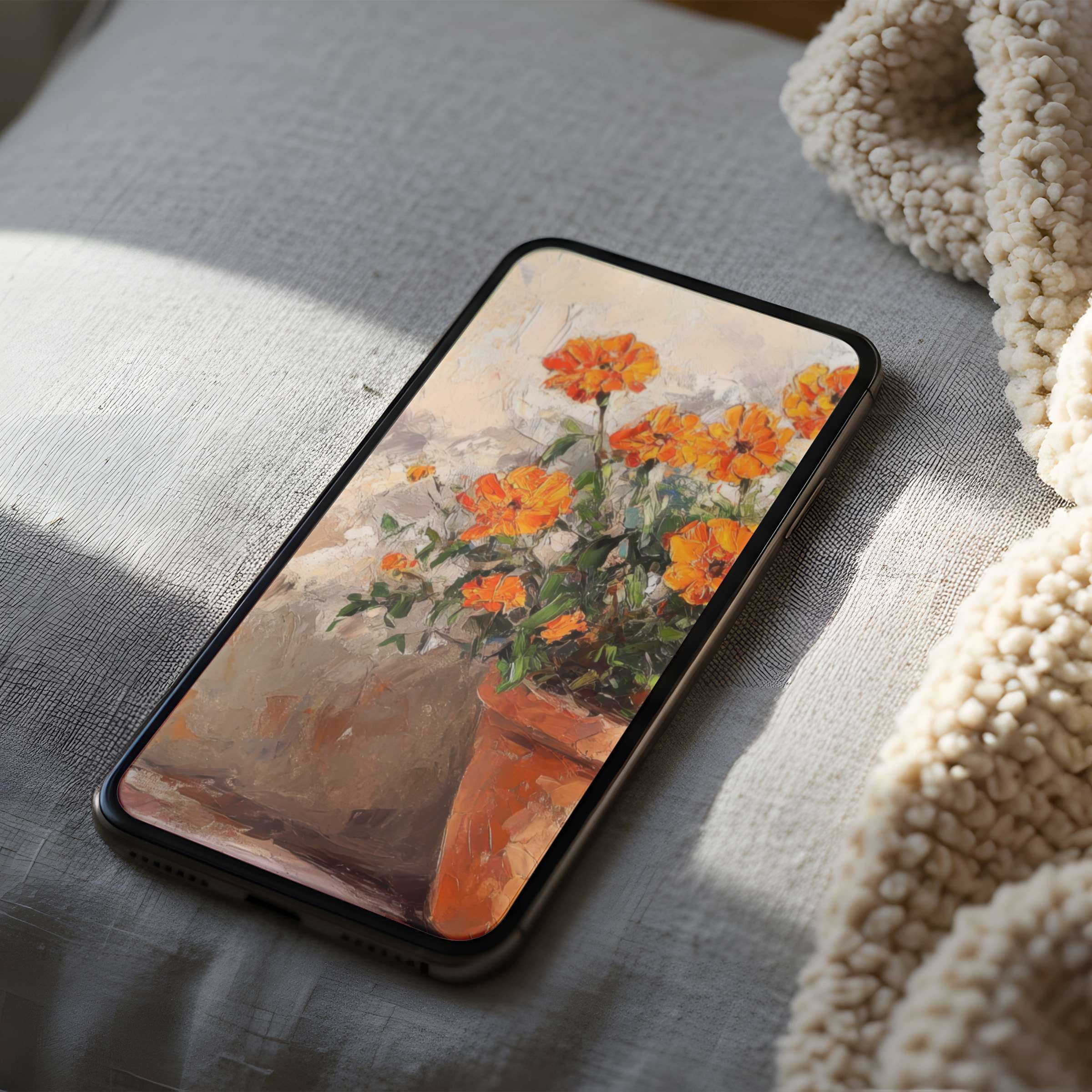 Elegant phone wallpaper featuring vibrant marigolds in a rustic oil painting style enhances any iPhone or android, ideal for digital download