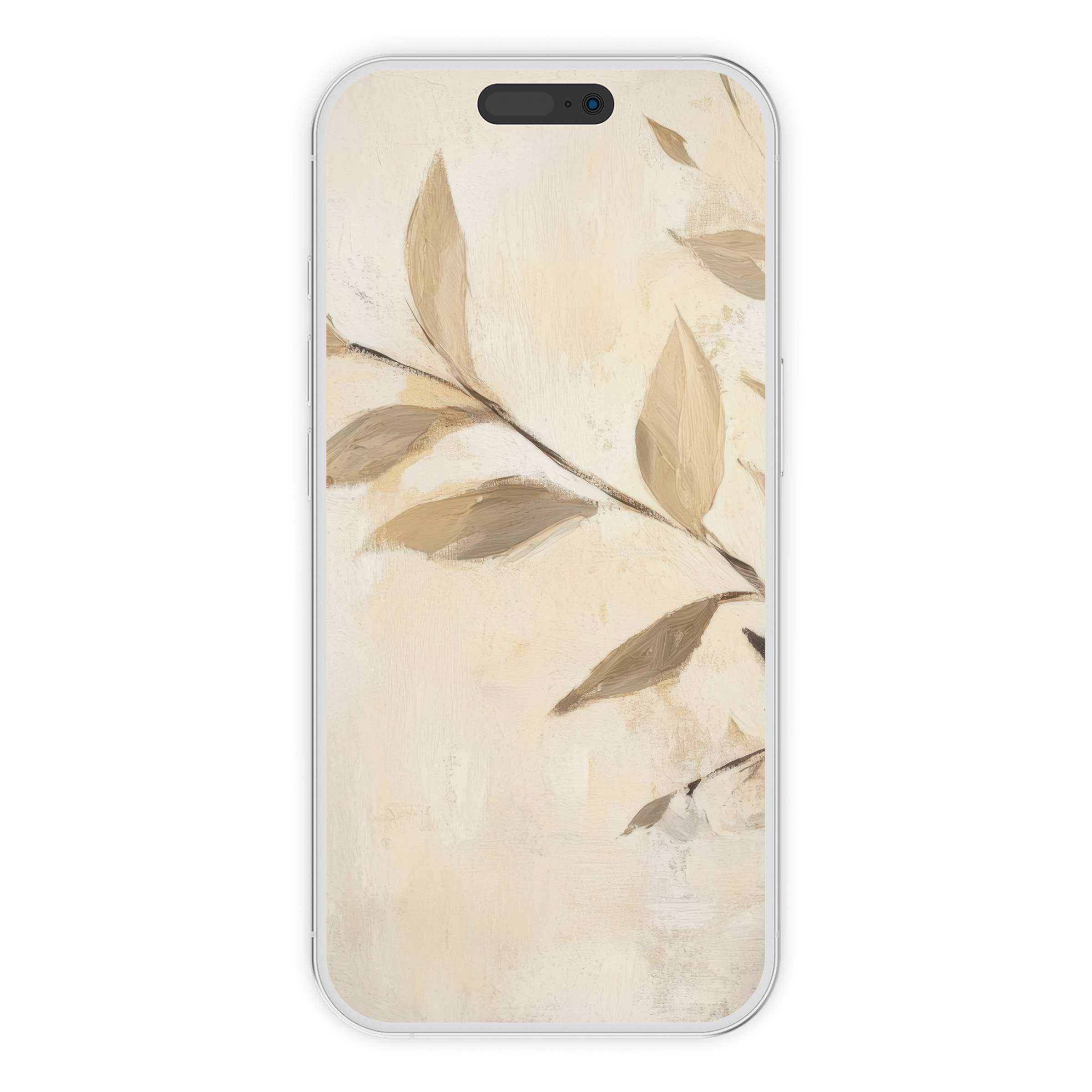 Elegant botanical iPhone wallpaper featuring soft beige leaves, perfect digital download for a serene phone background, suitable for all screens