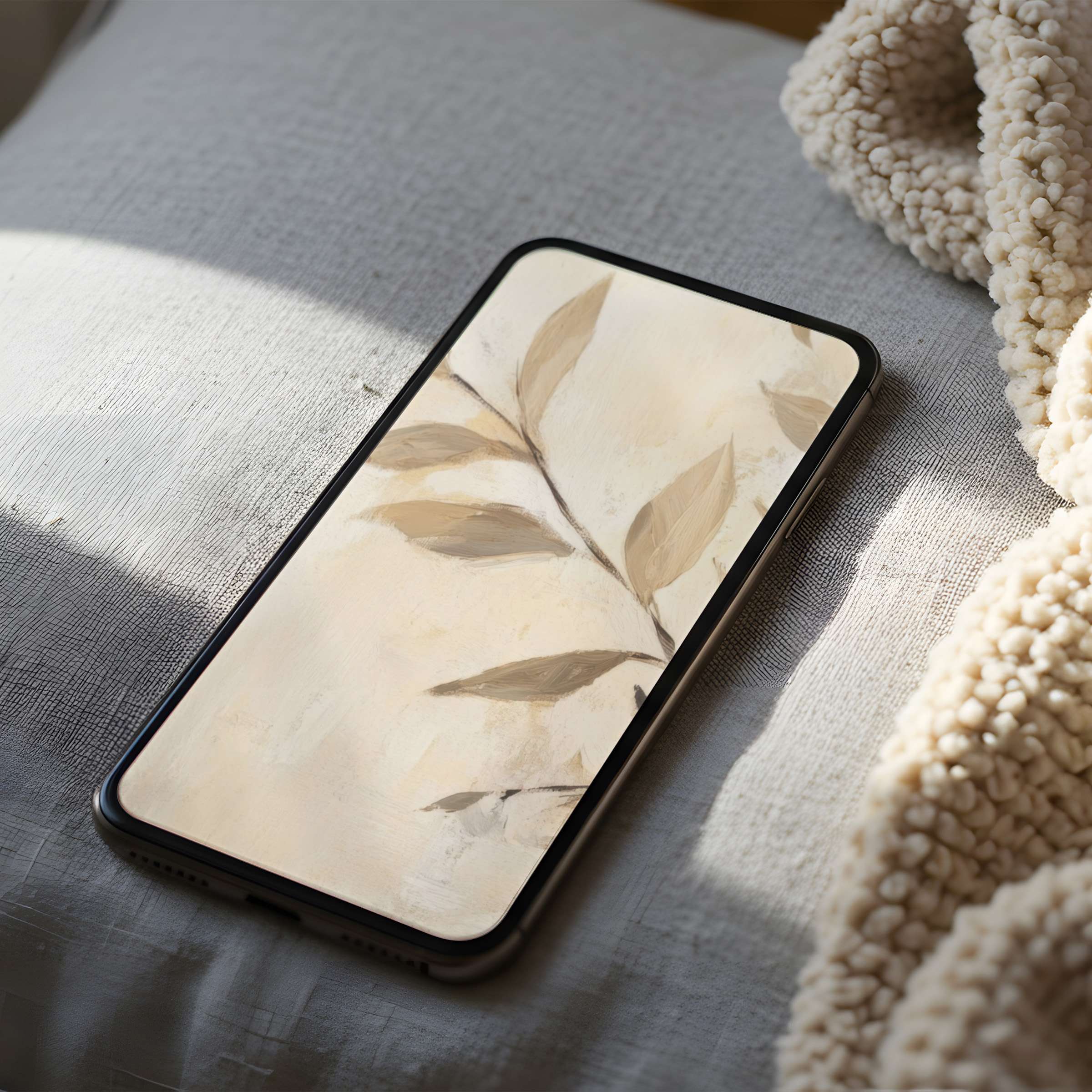 Elegant leaf motif phone wallpaper in soft beige tones, perfect for iPhone and Android phones, offering a calming digital download