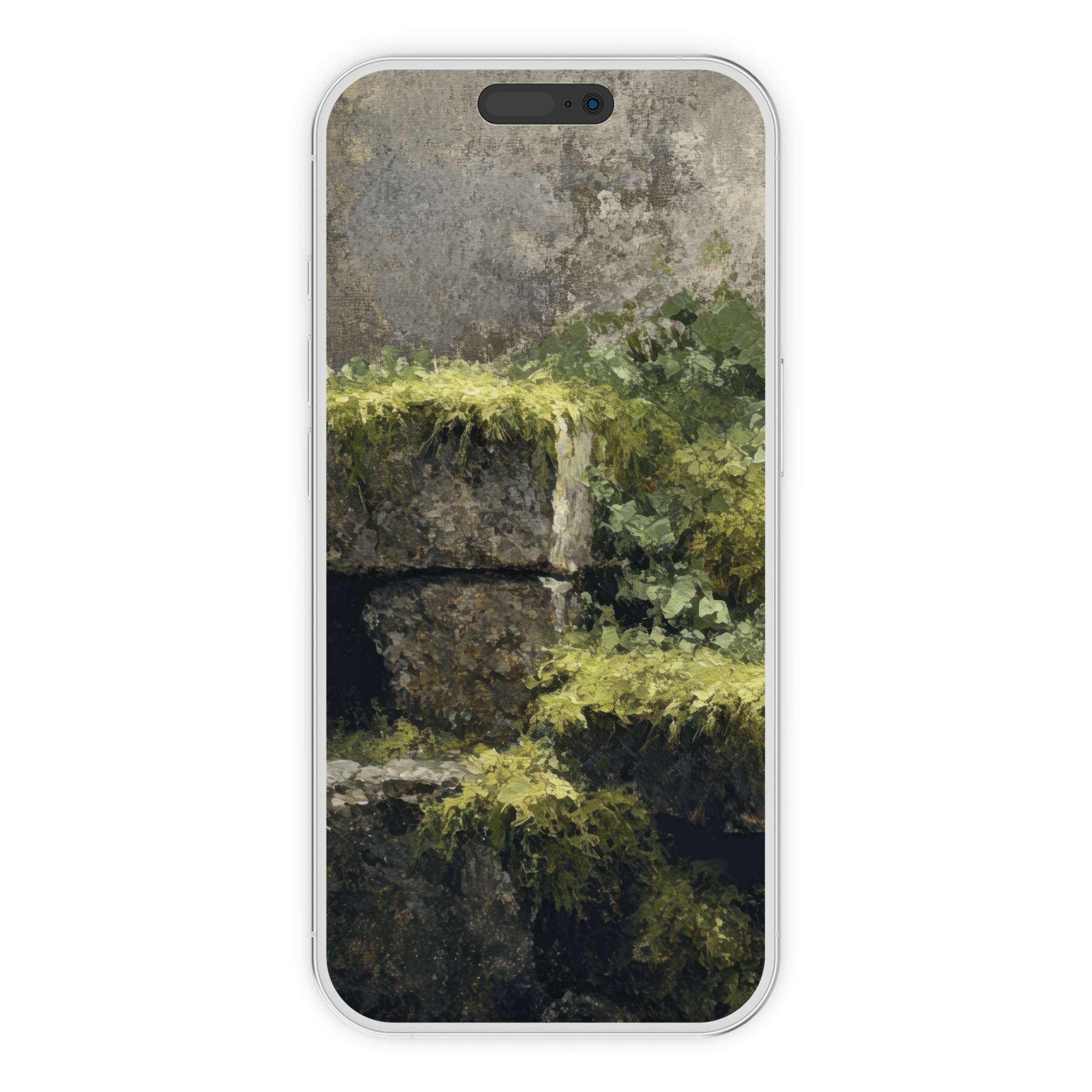 Elegant botanical iPhone wallpaper with lush green moss on stone, perfect as a calming digital download phone background for iPhone and Android