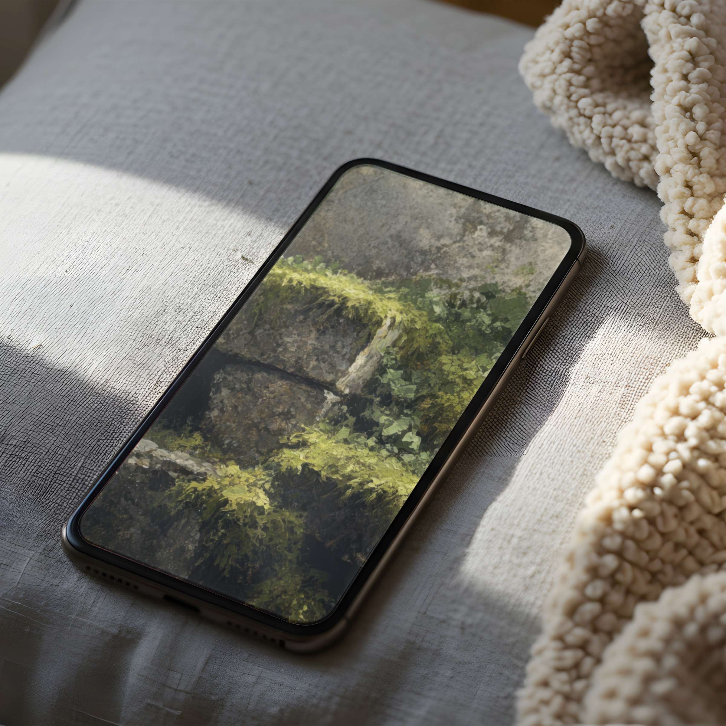 Elegant phone wallpaper featuring serene moss-covered stone steps in high resolution offers tranquil, sustainable digital download for iPhone