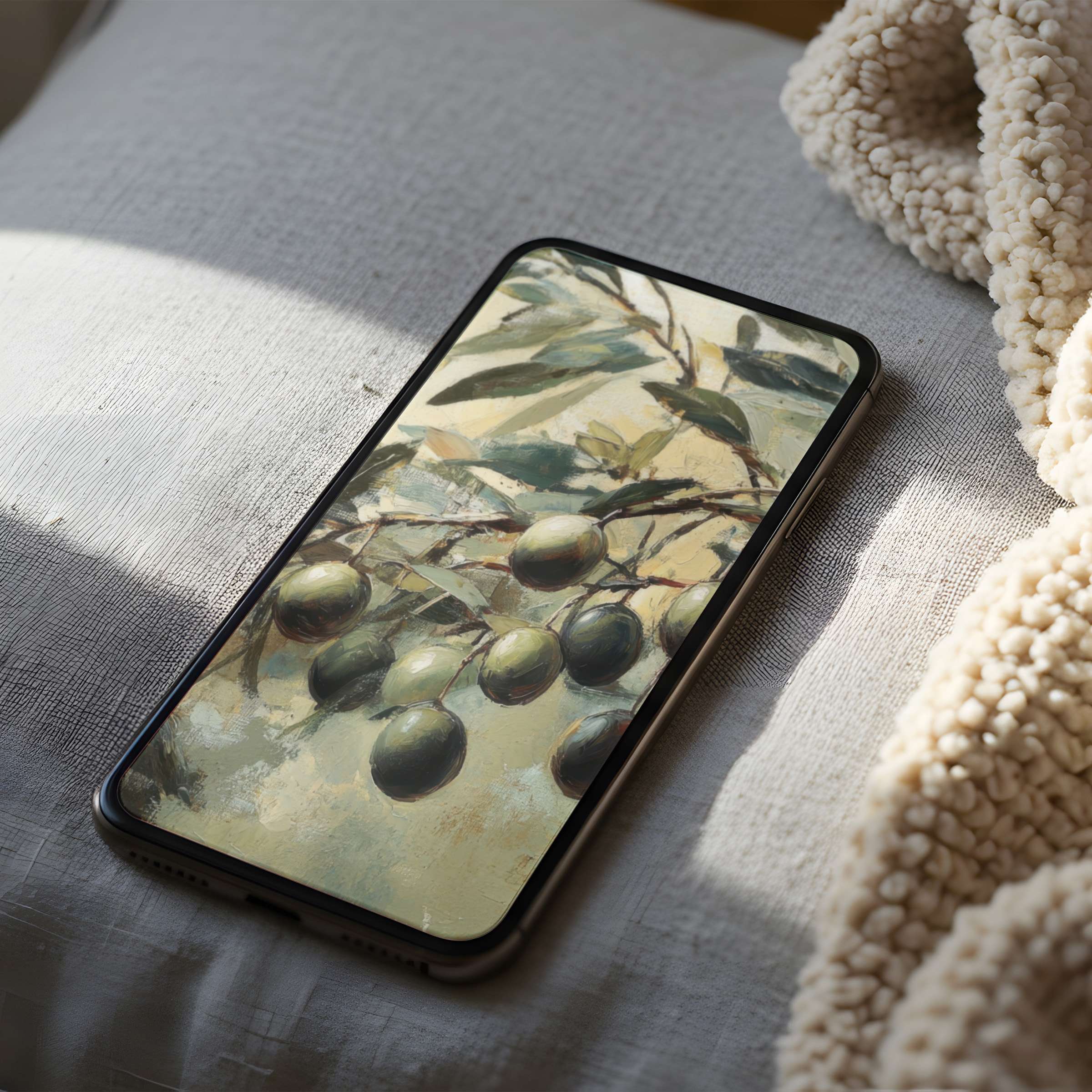 Elegant phone wallpaper featuring olive branches in soft earth tones, perfect for calming interiors on iPhone or Android in high resolution